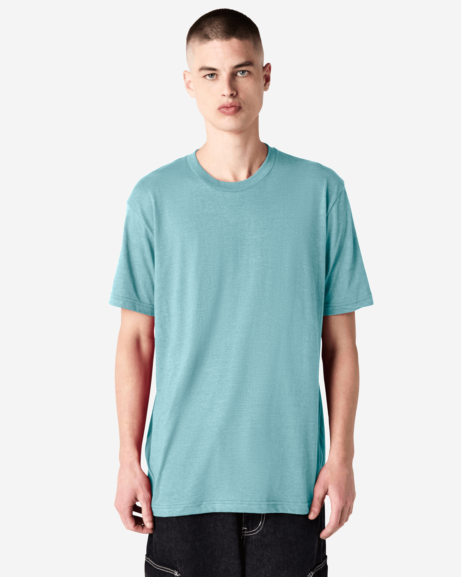 Male model wearing heather arctic colour CVC Unisex Short Sleeve Crew Neck Tee (front pose) -heather arctic