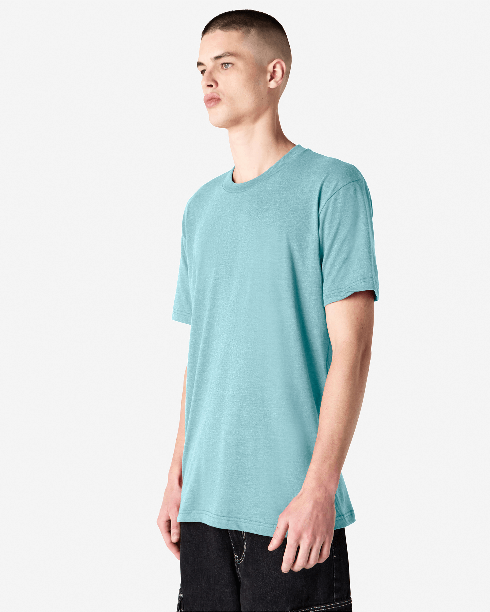 Male model wearing heather arctic colour CVC Unisex Short Sleeve Crew Neck Tee (front pose) -heather arctic