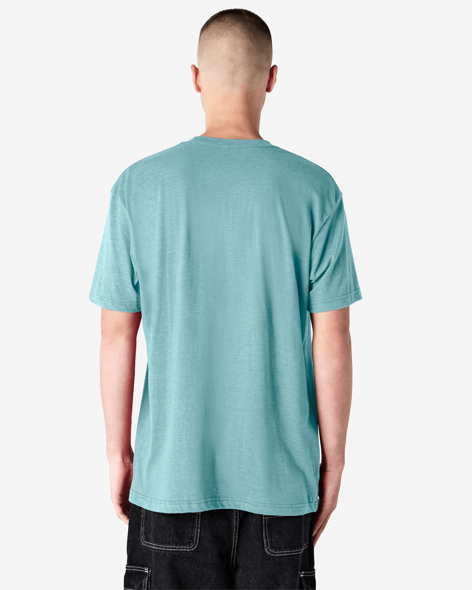 Male model wearing heather arctic colour CVC Unisex Short Sleeve Crew Neck Tee (back pose) -heather arctic