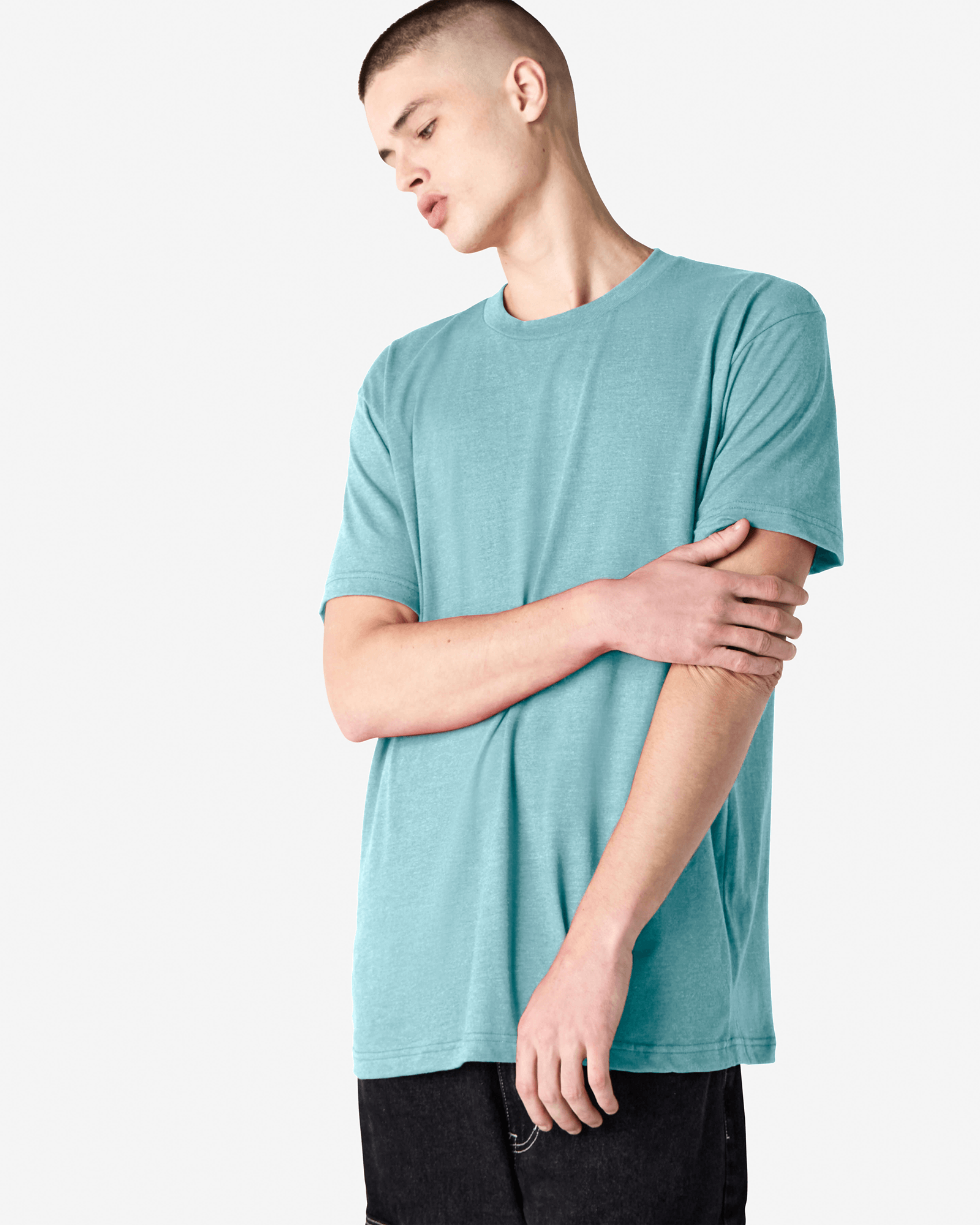 Male model wearing heather arctic colour CVC Unisex Short Sleeve Crew Neck Tee (front pose) -heather arctic