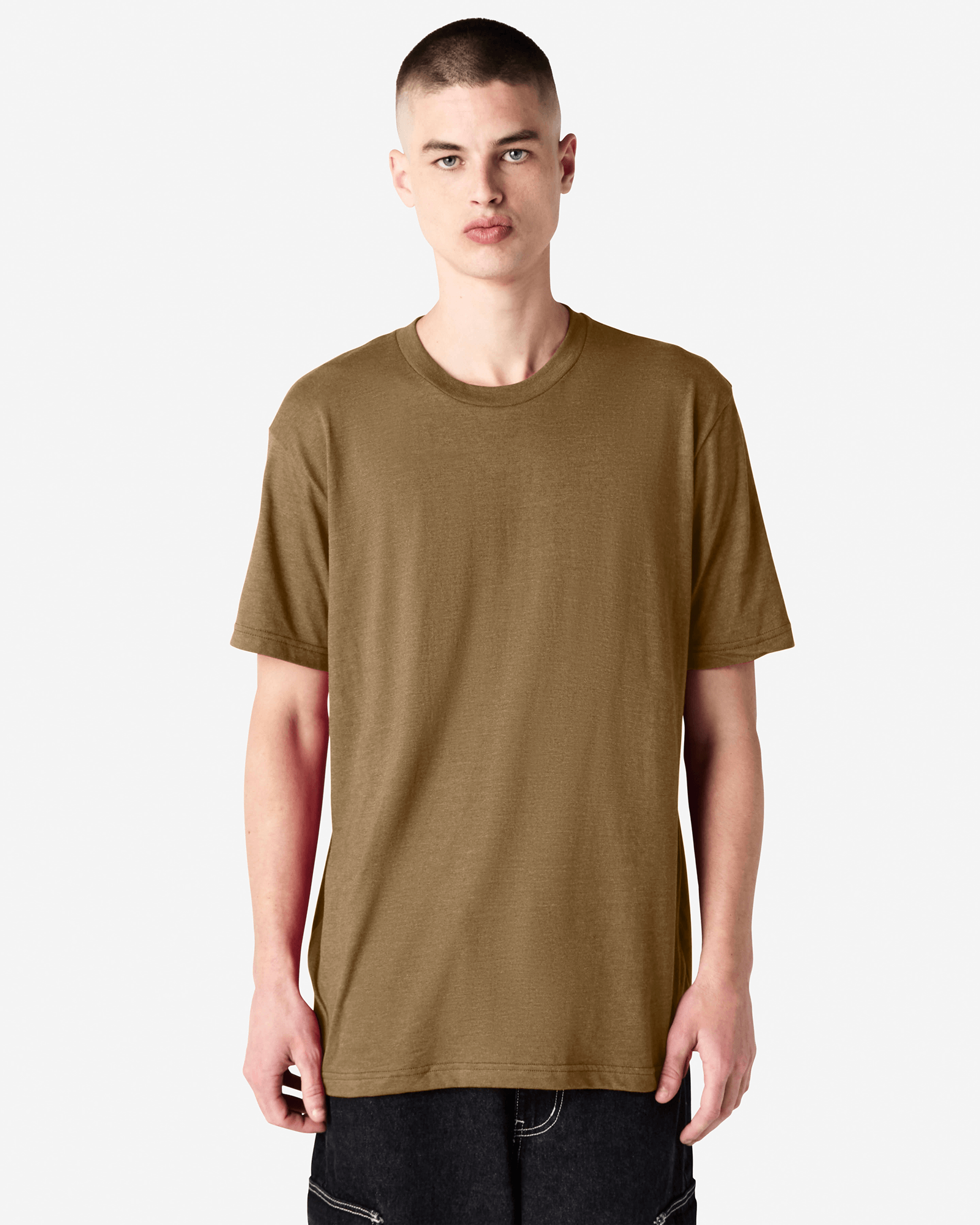 Male model wearing heather army colour CVC Unisex Short Sleeve Crew Neck Tee (front pose) -heather army