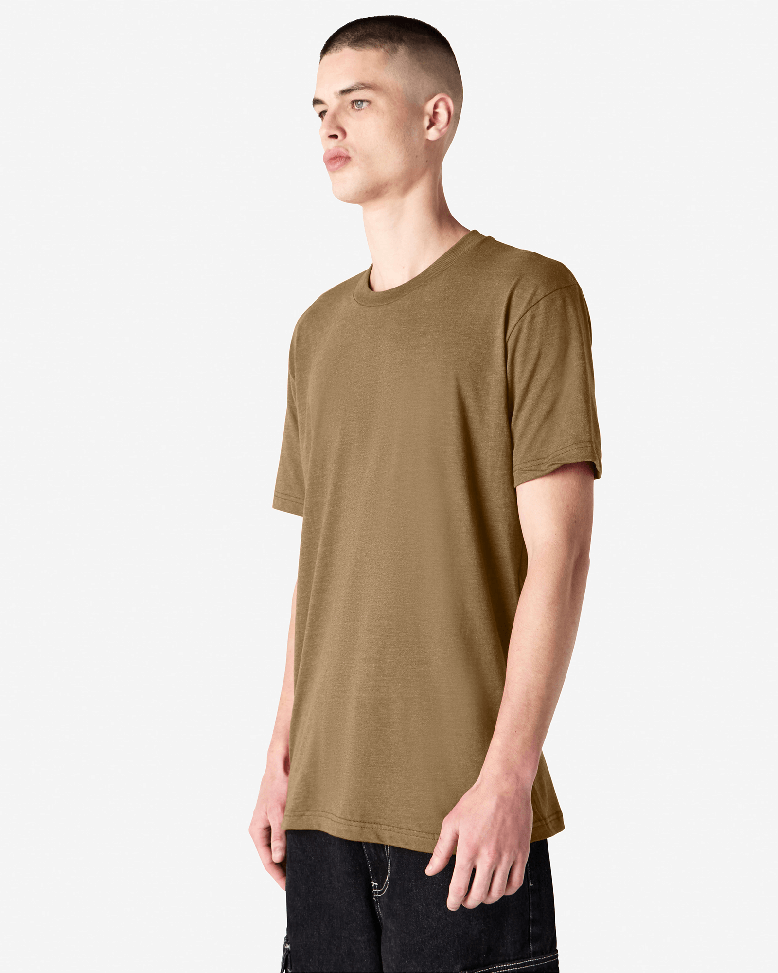 Male model wearing heather army colour CVC Unisex Short Sleeve Crew Neck Tee (front pose) -heather army