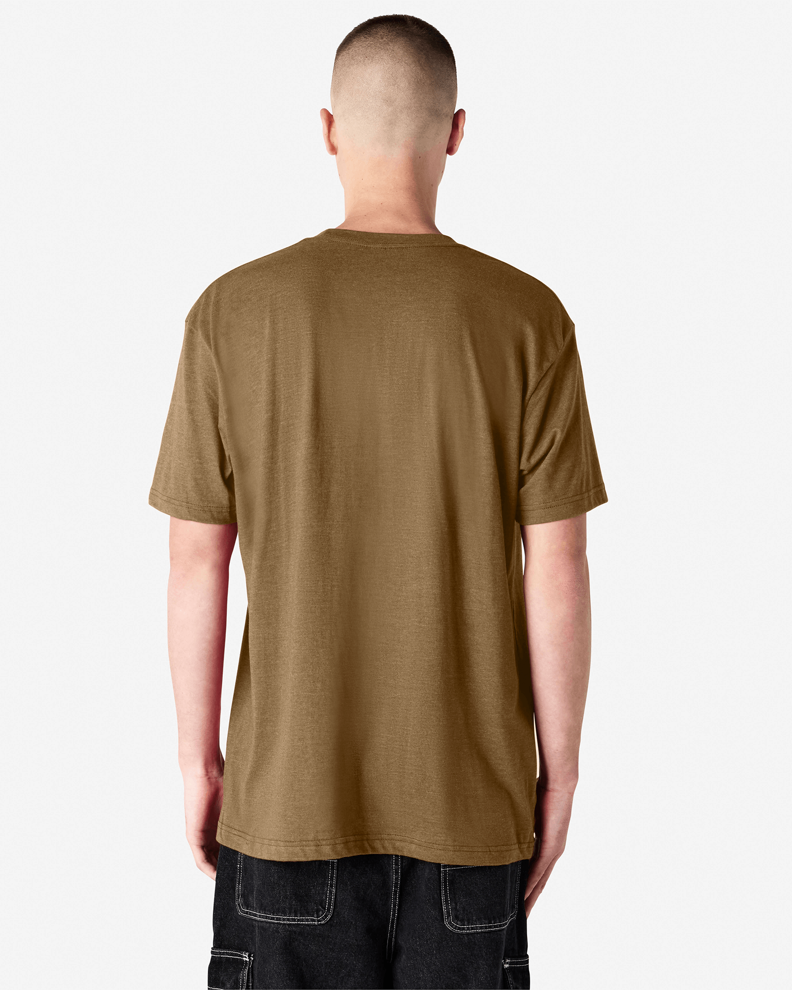 Male model wearing heather army colour CVC Unisex Short Sleeve Crew Neck Tee (back pose) -heather army