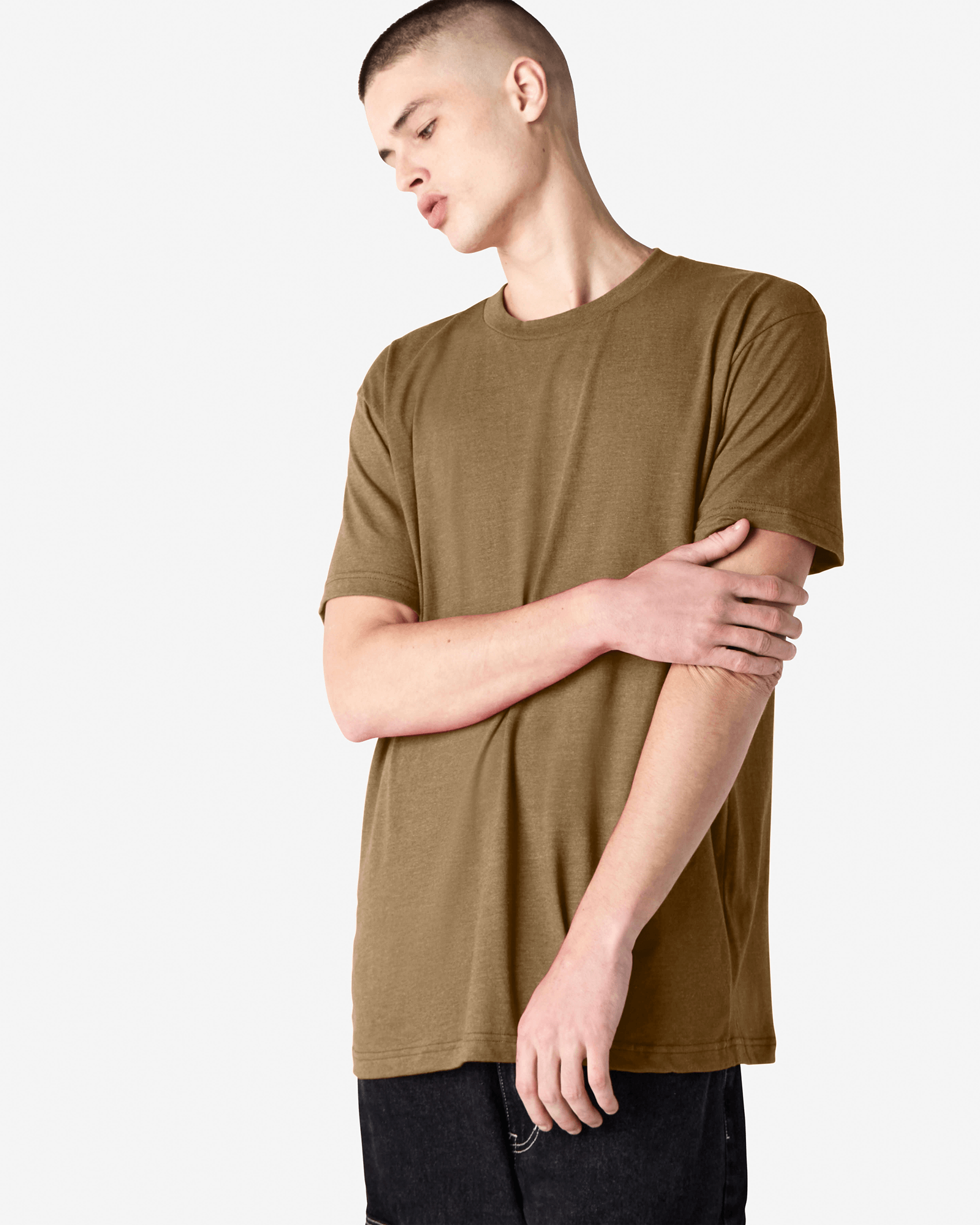 Male model wearing heather army colour CVC Unisex Short Sleeve Crew Neck Tee (front pose) -heather army