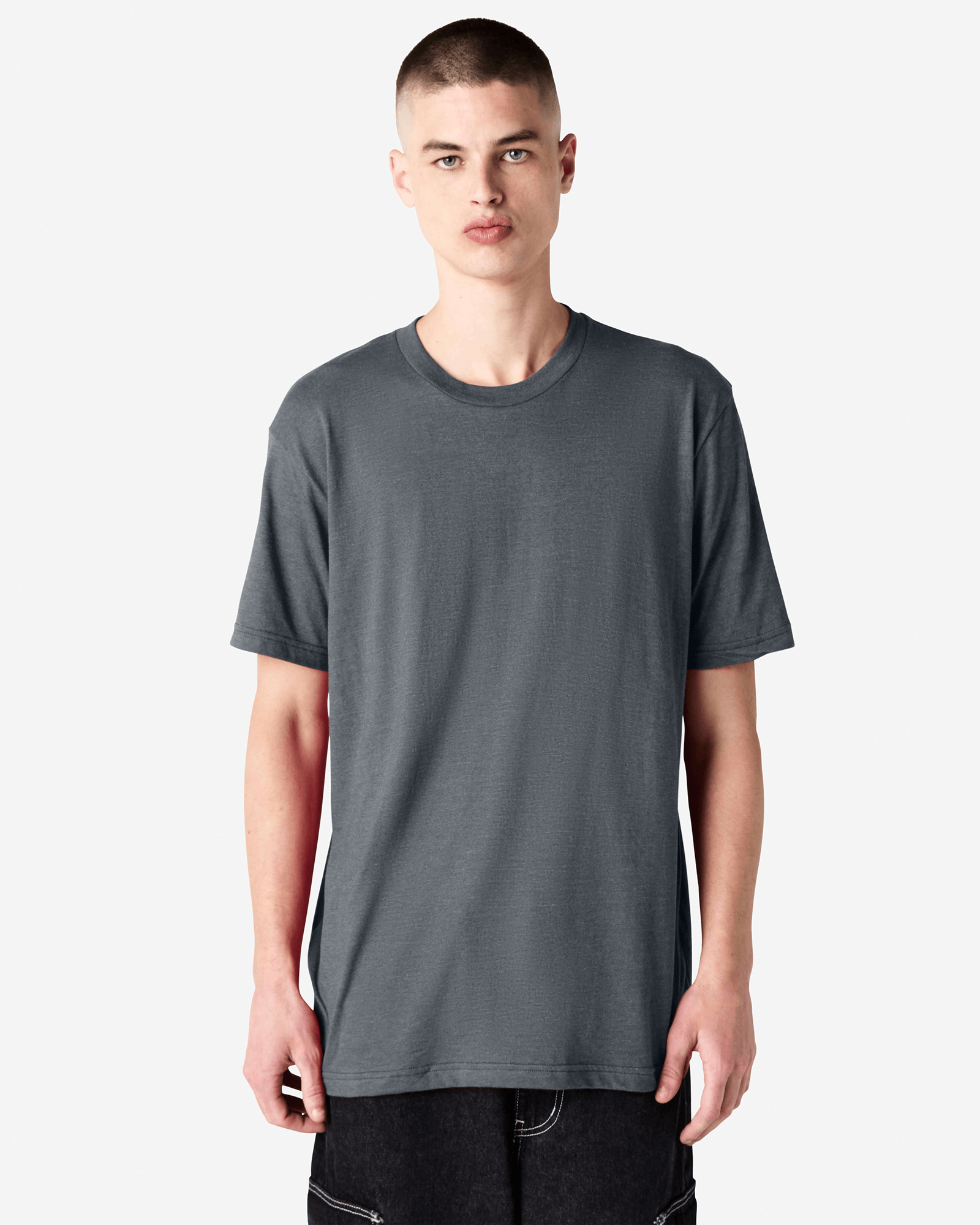 Male model wearing heather asphalt colour CVC Unisex Short Sleeve Crew Neck Tee (front pose) -heather asphalt