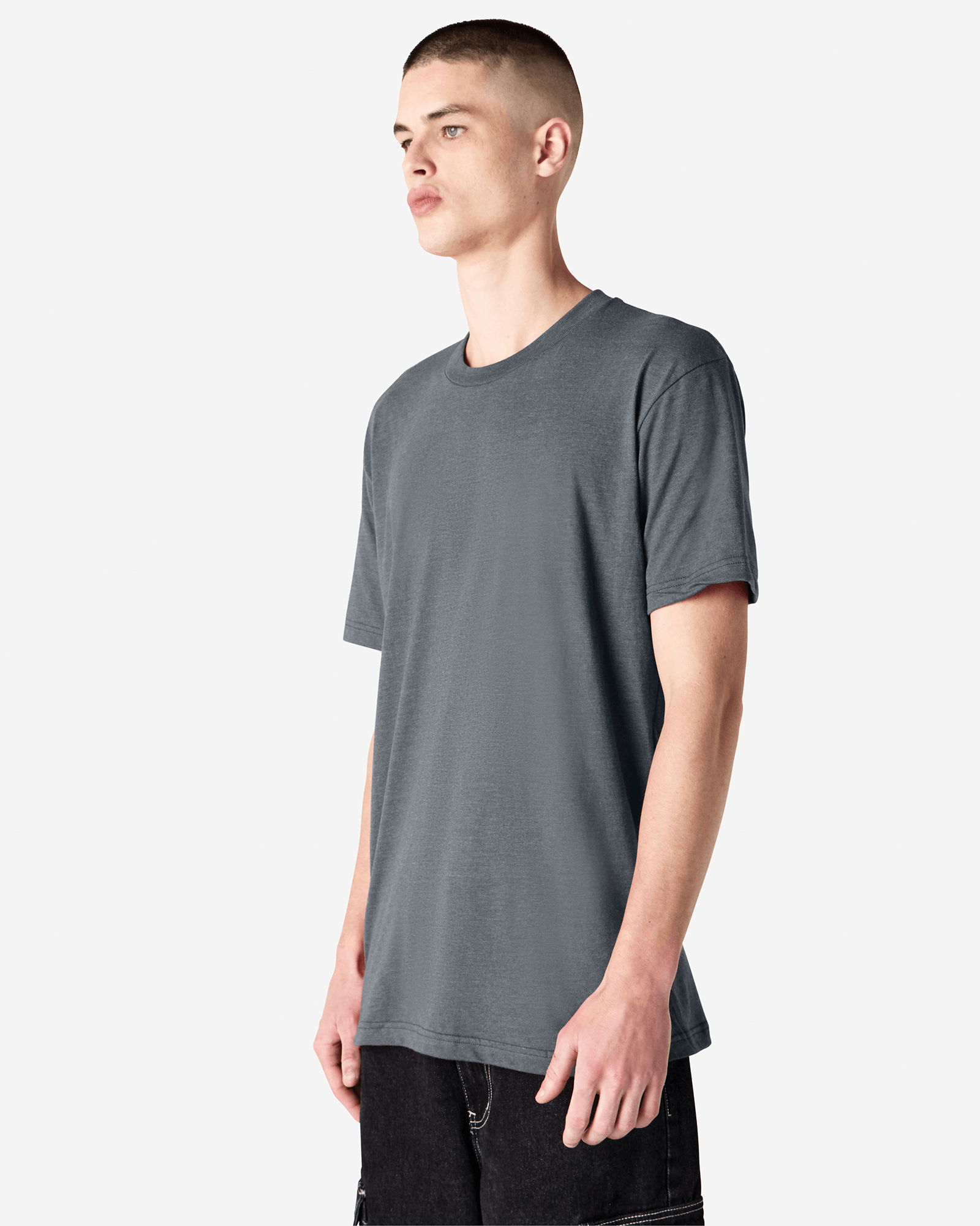 Male model wearing heather asphalt colour CVC Unisex Short Sleeve Crew Neck Tee (front pose) -heather asphalt