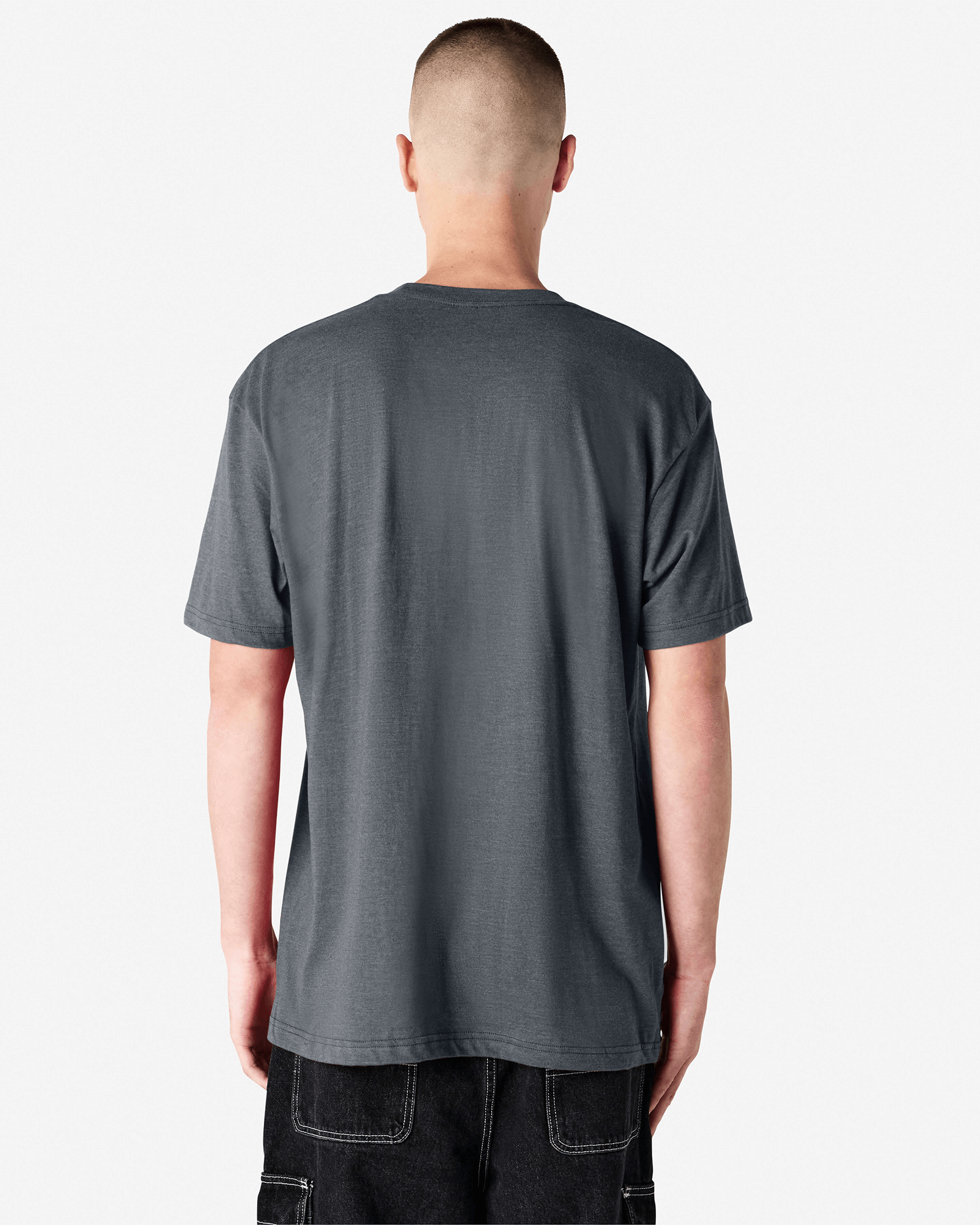 Male model wearing heather asphalt colour CVC Unisex Short Sleeve Crew Neck Tee (back pose) -heather asphalt