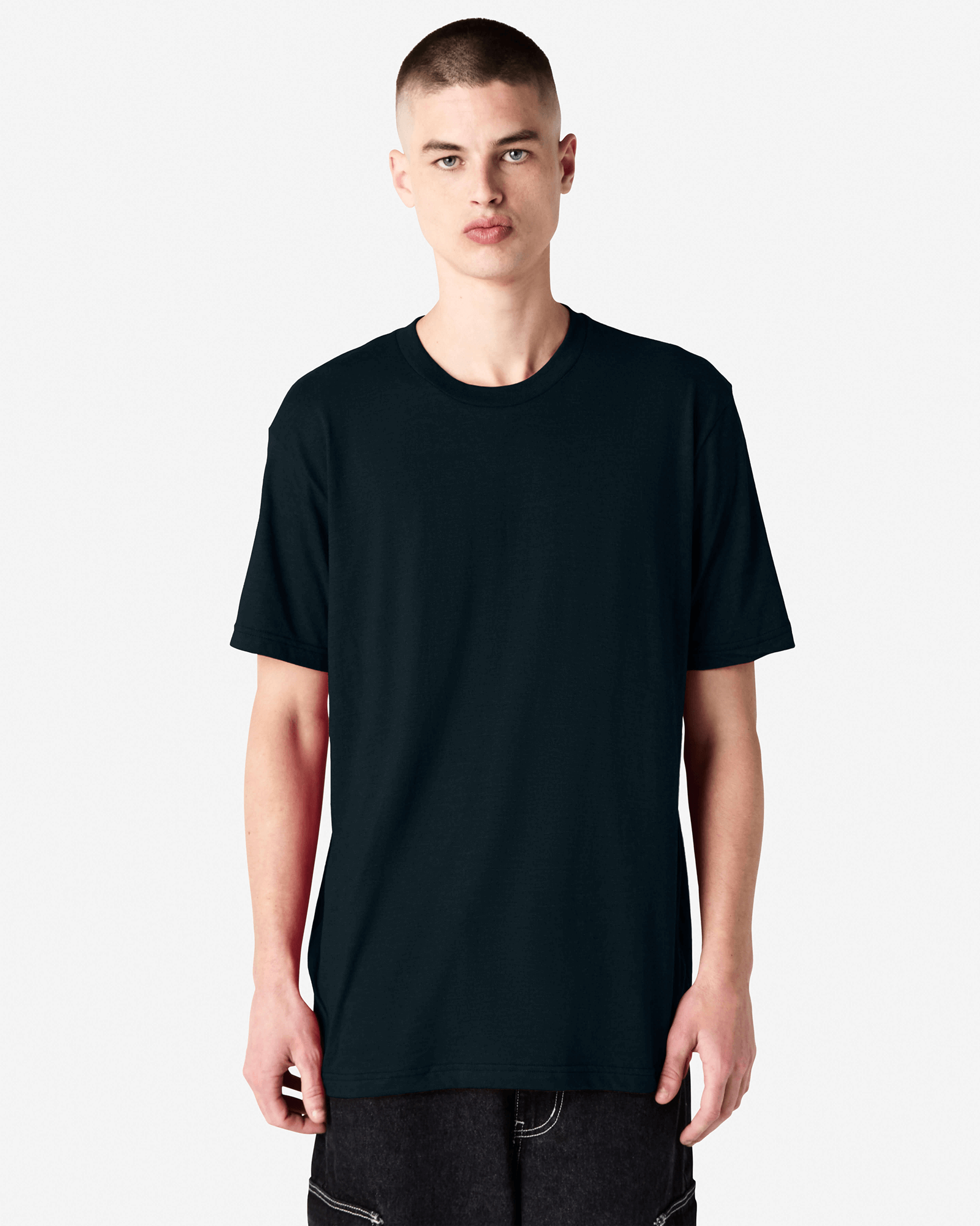 Male model wearing heather black colour CVC Unisex Short Sleeve Crew Neck Tee (front pose) -black