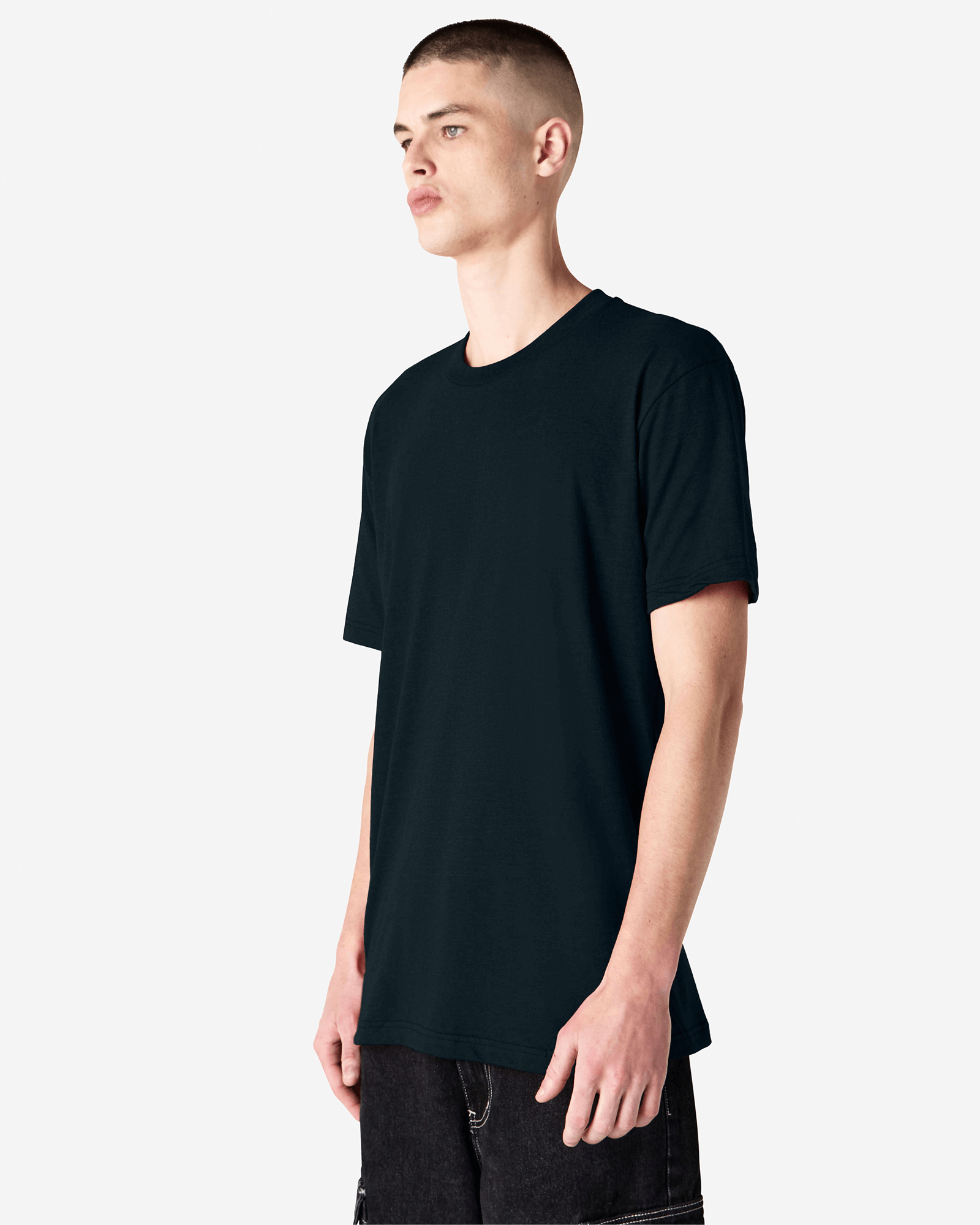 Male model wearing heather black colour CVC Unisex Short Sleeve Crew Neck Tee (front pose) -black