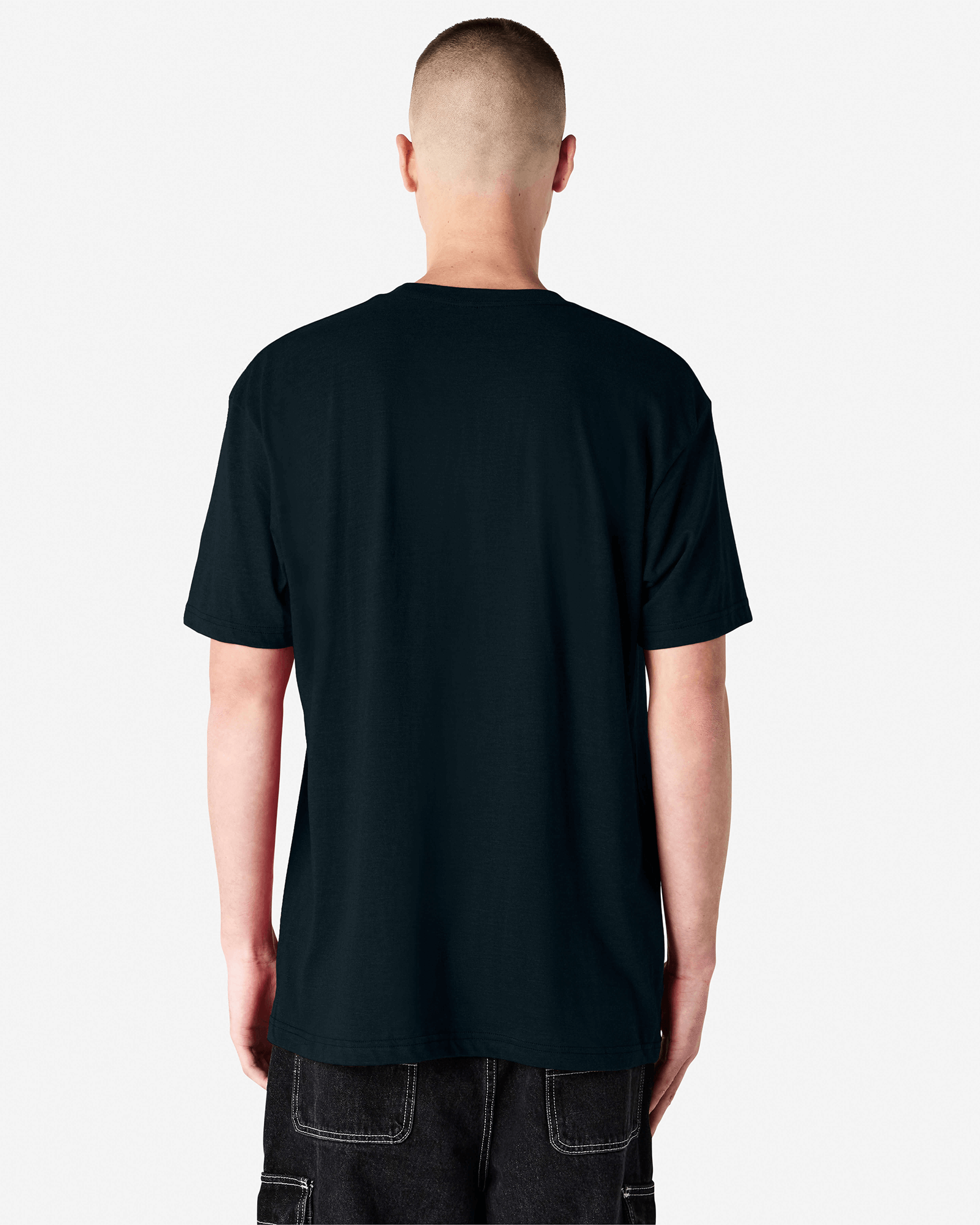 Male model wearing heather black colour CVC Unisex Short Sleeve Crew Neck Tee (back pose) -black