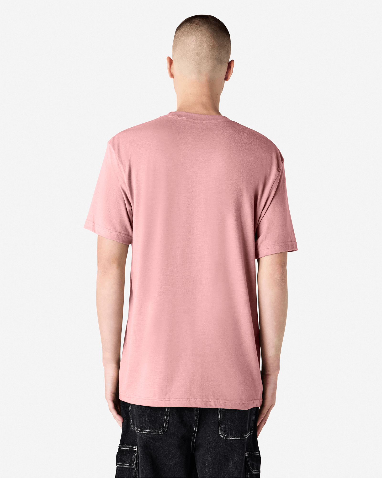 Male model wearing heather blush colour CVC Unisex Short Sleeve Crew Neck Tee (back pose) -heather blush