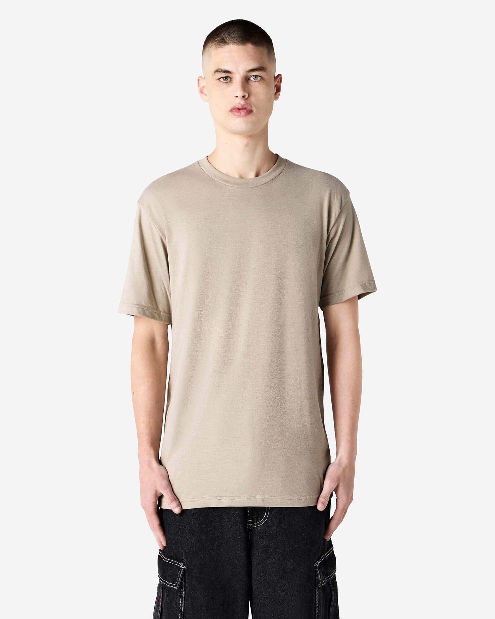 Male model wearing heather bone colour CVC Unisex Short Sleeve Crew Neck Tee (front pose) -heather bone