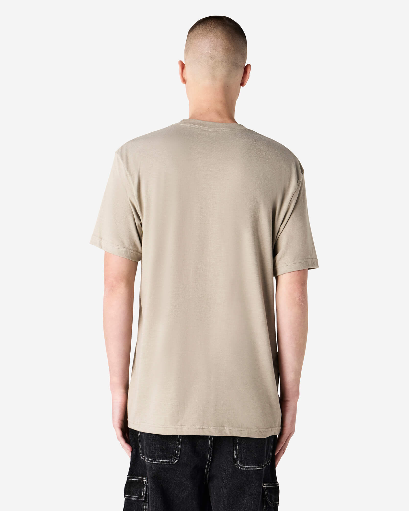 Male model wearing heather bone colour CVC Unisex Short Sleeve Crew Neck Tee (back pose) -heather bone