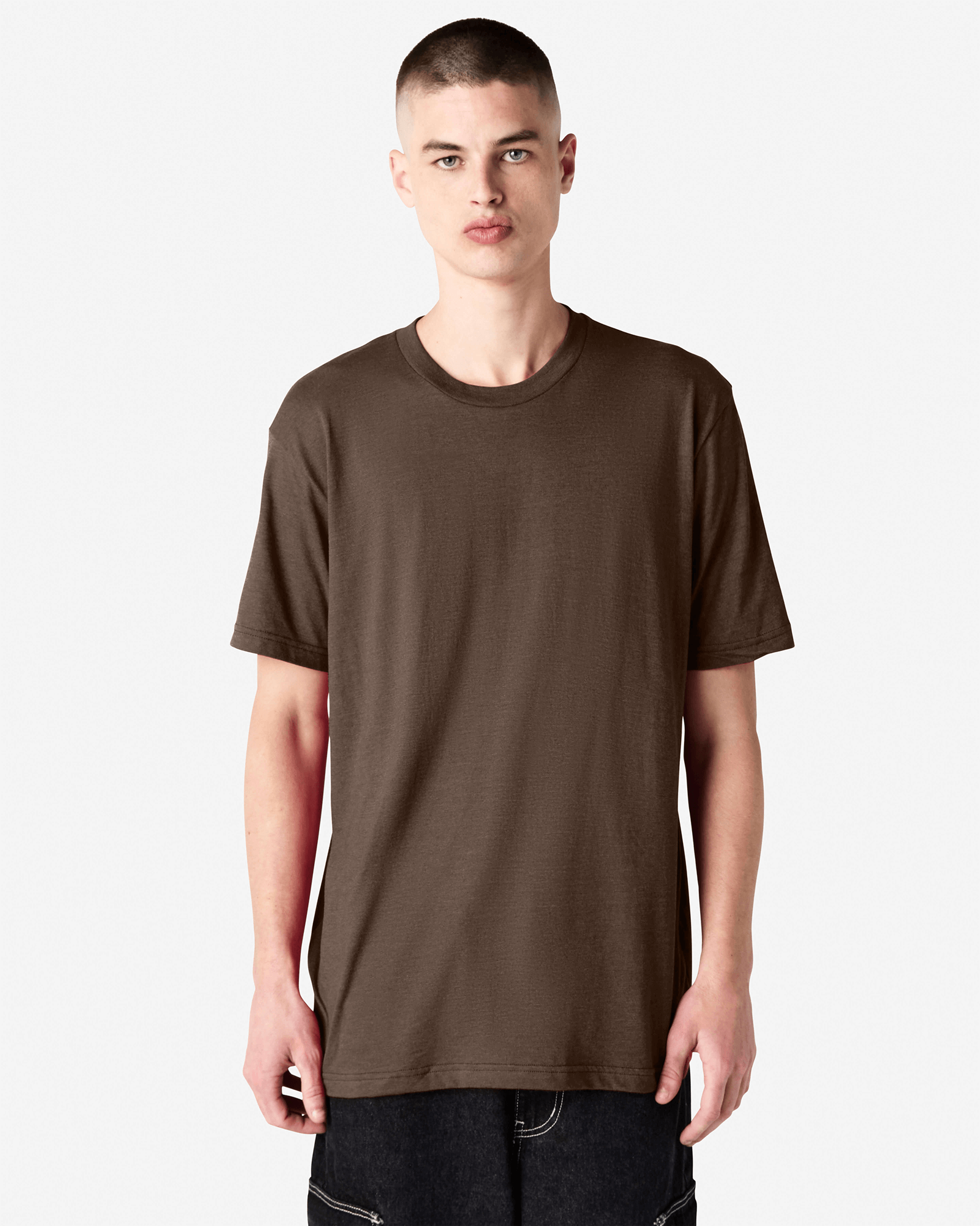 Male model wearing heather brown colour CVC Unisex Short Sleeve Crew Neck Tee (front pose) -heather brown