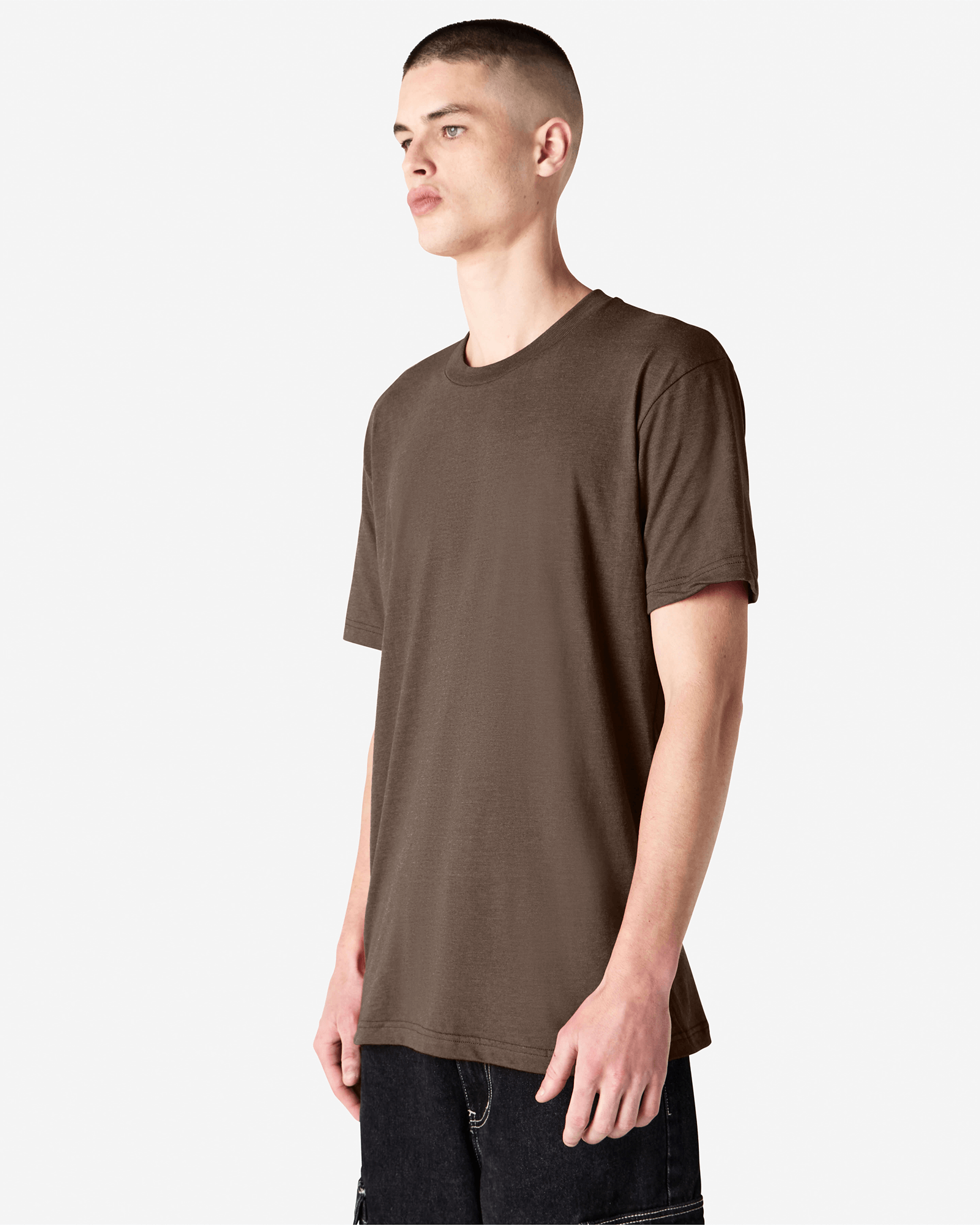 Male model wearing heather brown colour CVC Unisex Short Sleeve Crew Neck Tee (front pose) -heather brown