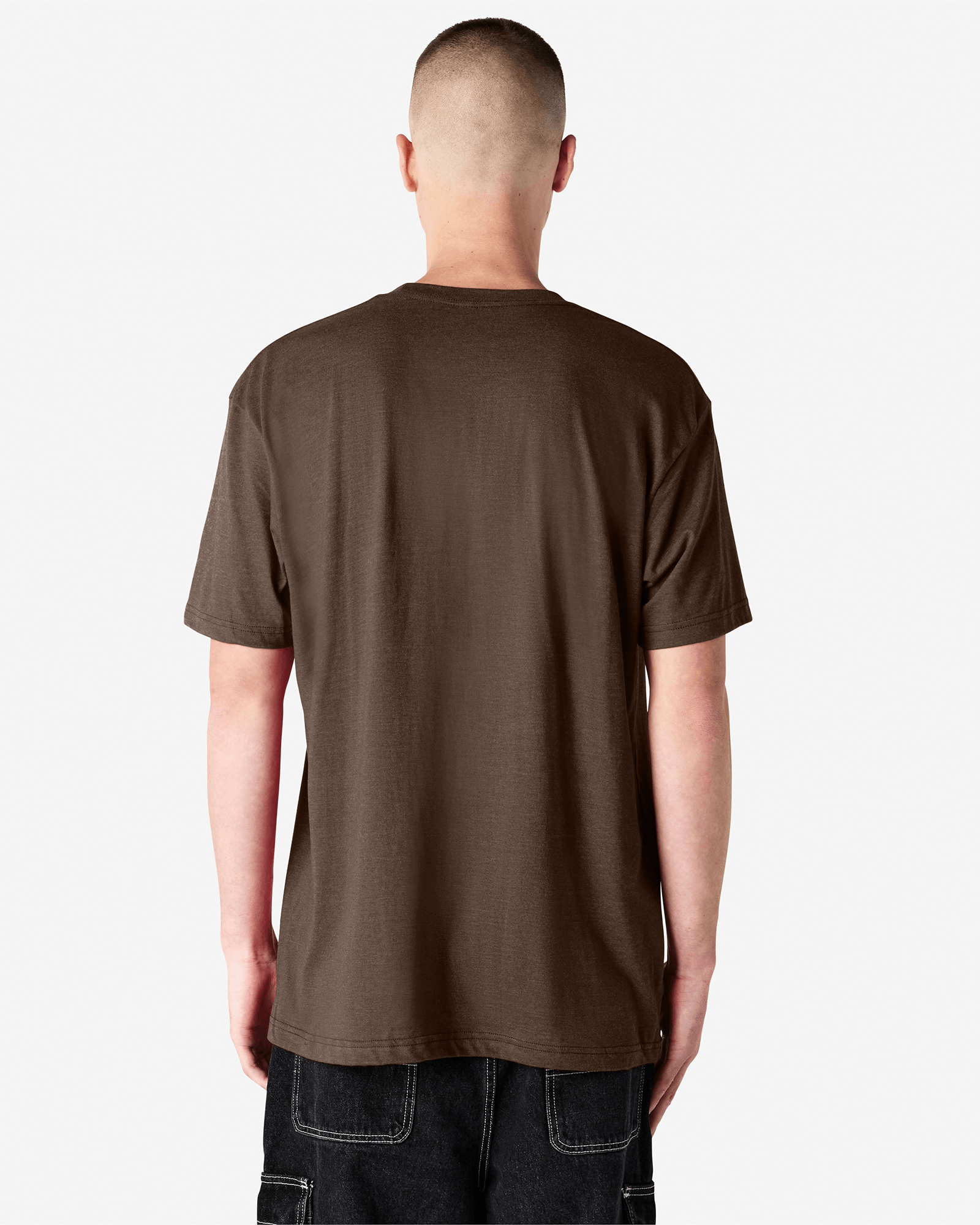 Male model wearing heather brown colour CVC Unisex Short Sleeve Crew Neck Tee (back pose) -heather brown