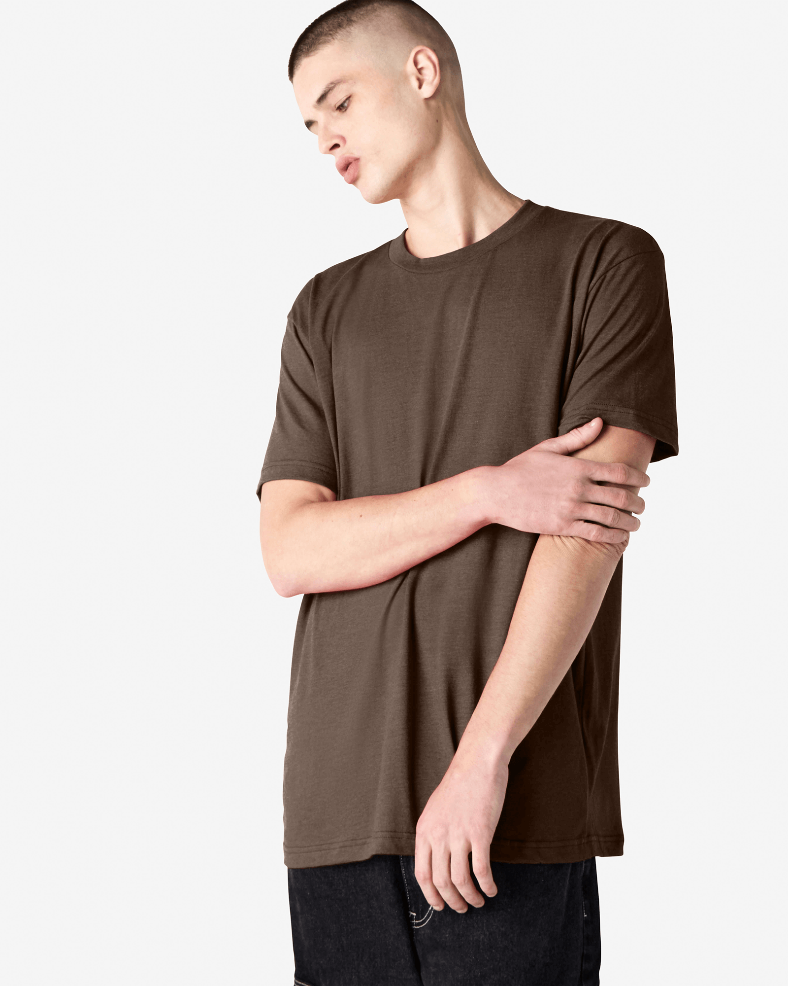 Male model wearing heather brown colour CVC Unisex Short Sleeve Crew Neck Tee (front pose) -heather brown