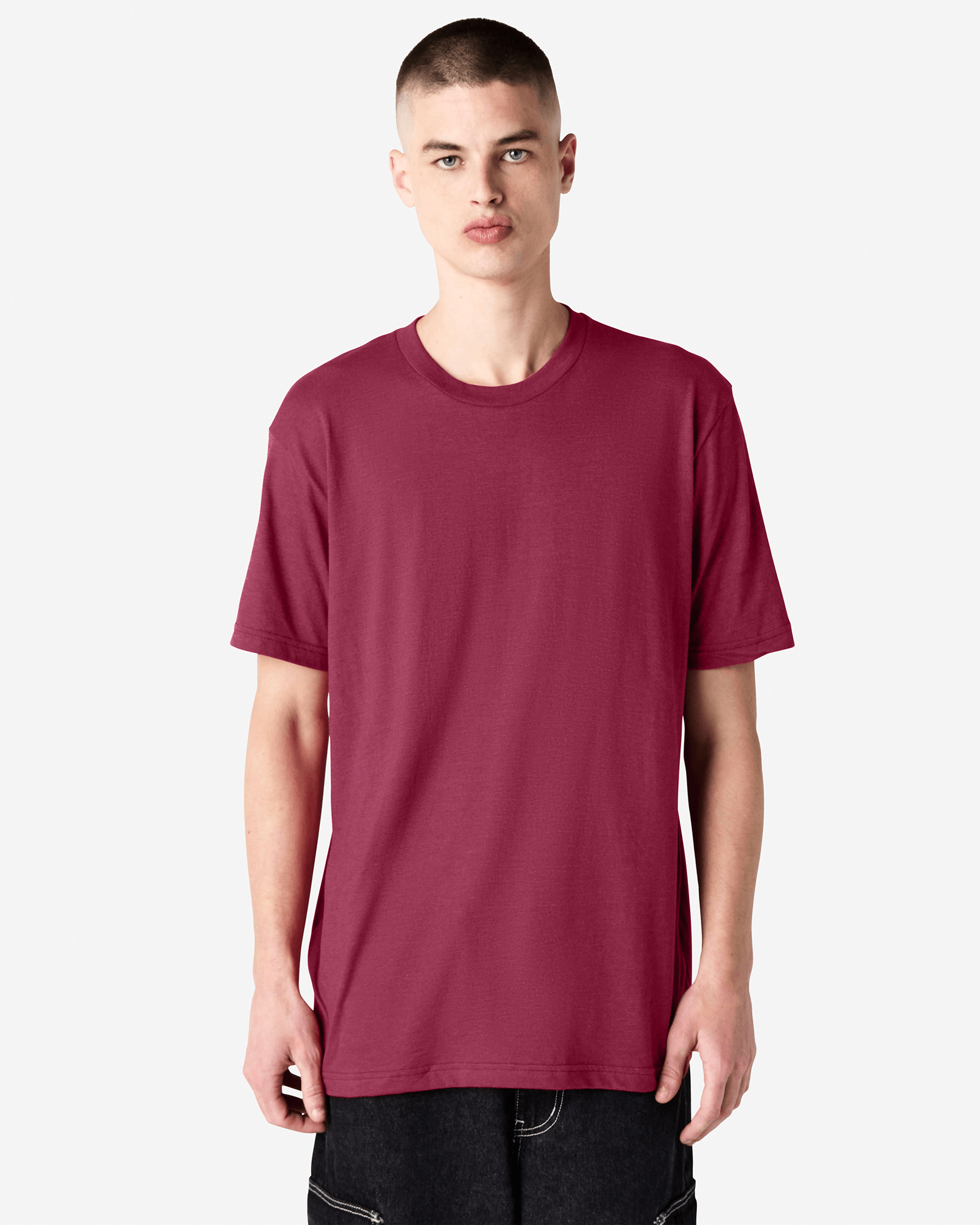 Male model wearing heather burgundy colour CVC Unisex Short Sleeve Crew Neck Tee (front pose) -heather burgundy