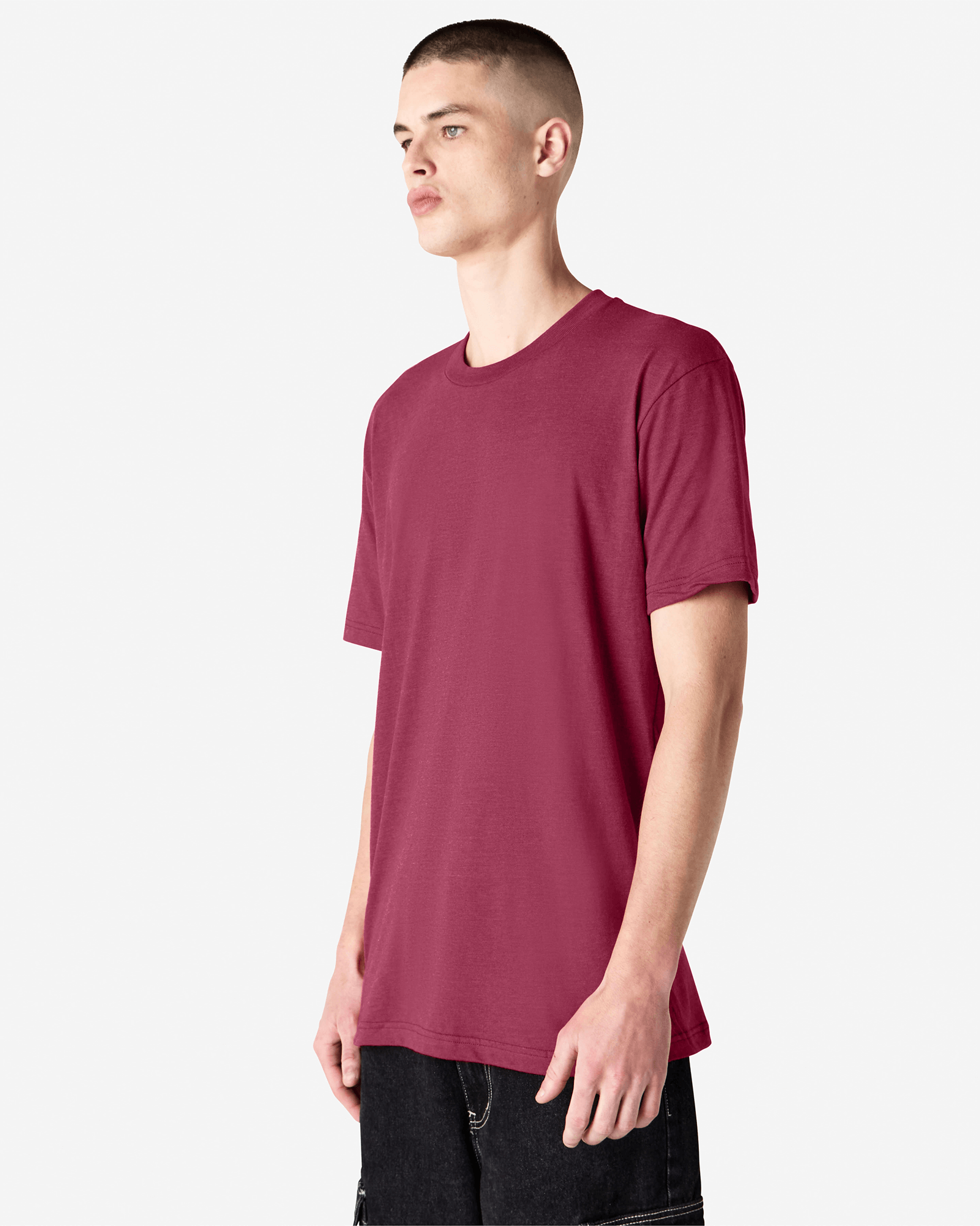 Male model wearing heather burgundy colour CVC Unisex Short Sleeve Crew Neck Tee (front pose) -heather burgundy