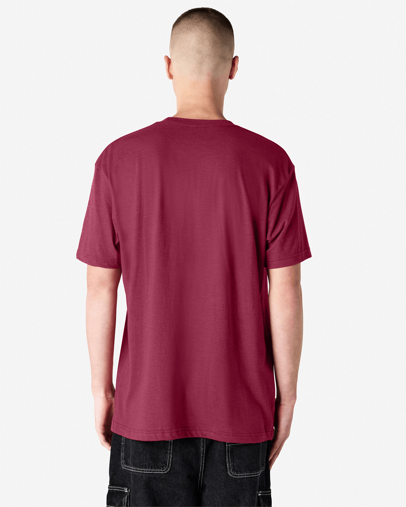 Male model wearing heather burgundy colour CVC Unisex Short Sleeve Crew Neck Tee (back pose) -heather burgundy