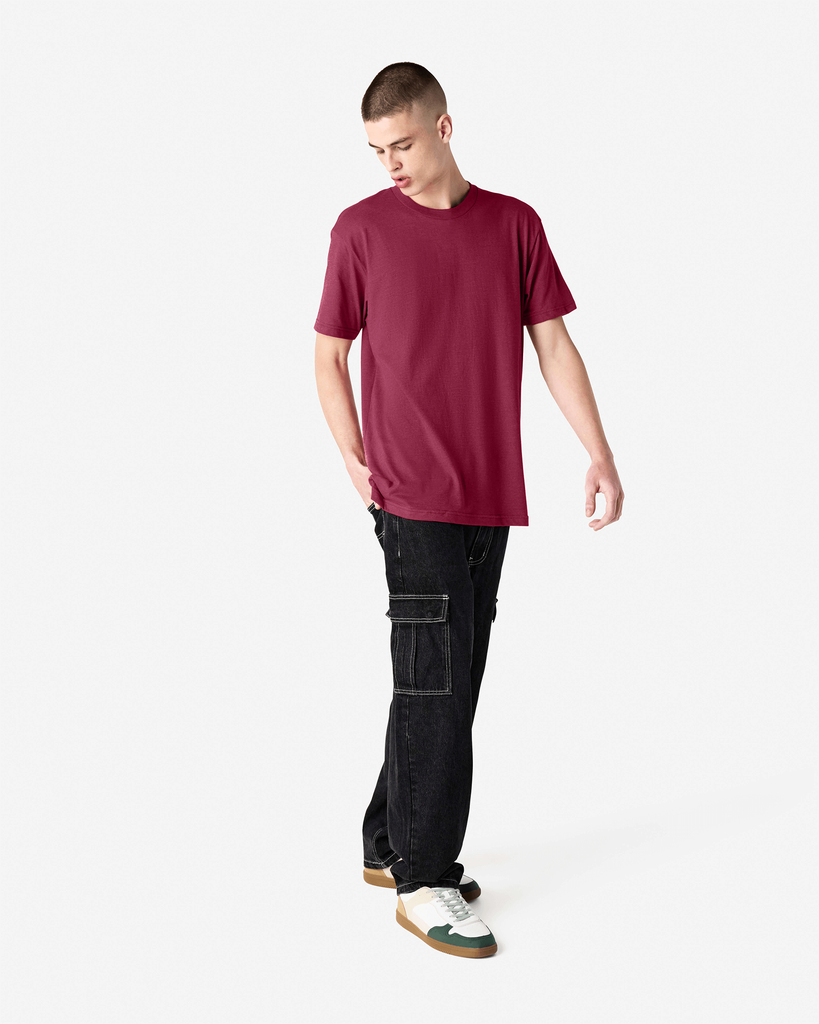 Male model wearing heather burgundy colour CVC Unisex Short Sleeve Crew Neck Tee (front pose) -heather burgundy