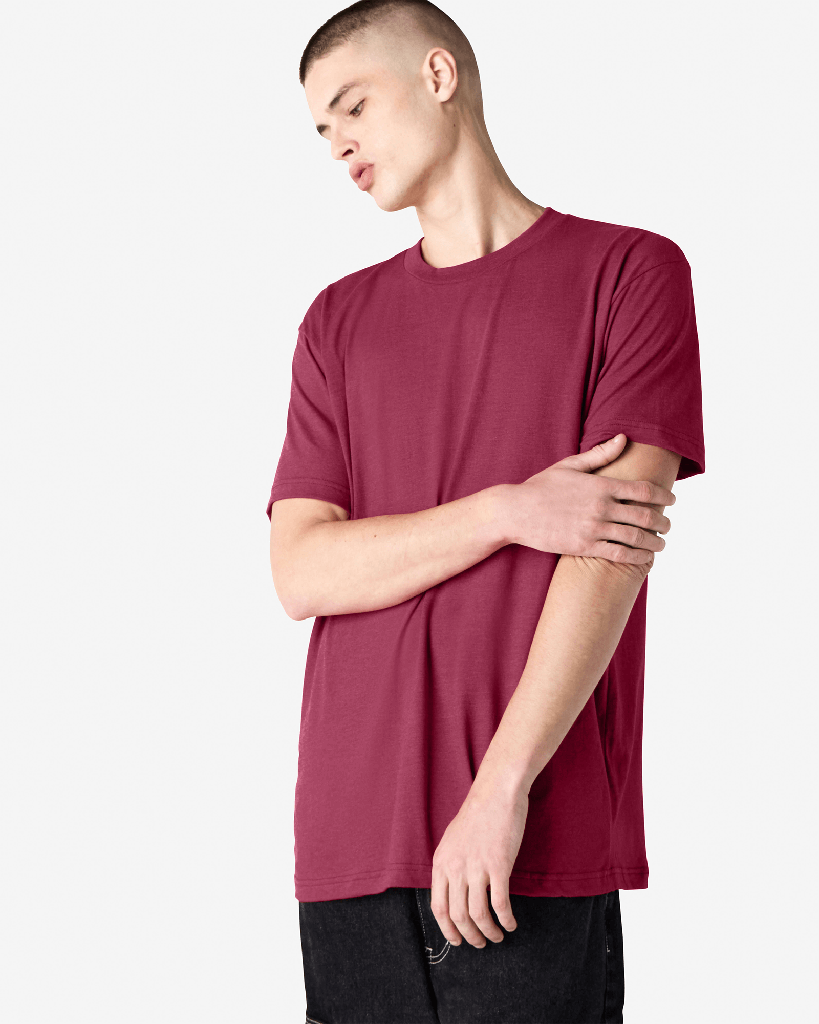 Male model wearing heather burgundy colour CVC Unisex Short Sleeve Crew Neck Tee (front pose) -heather burgundy