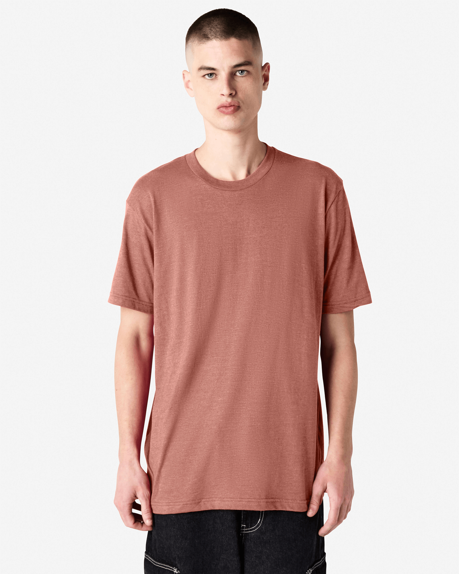 Male model wearing heather canyon colour CVC Unisex Short Sleeve Crew Neck Tee (front pose) -heather canyon