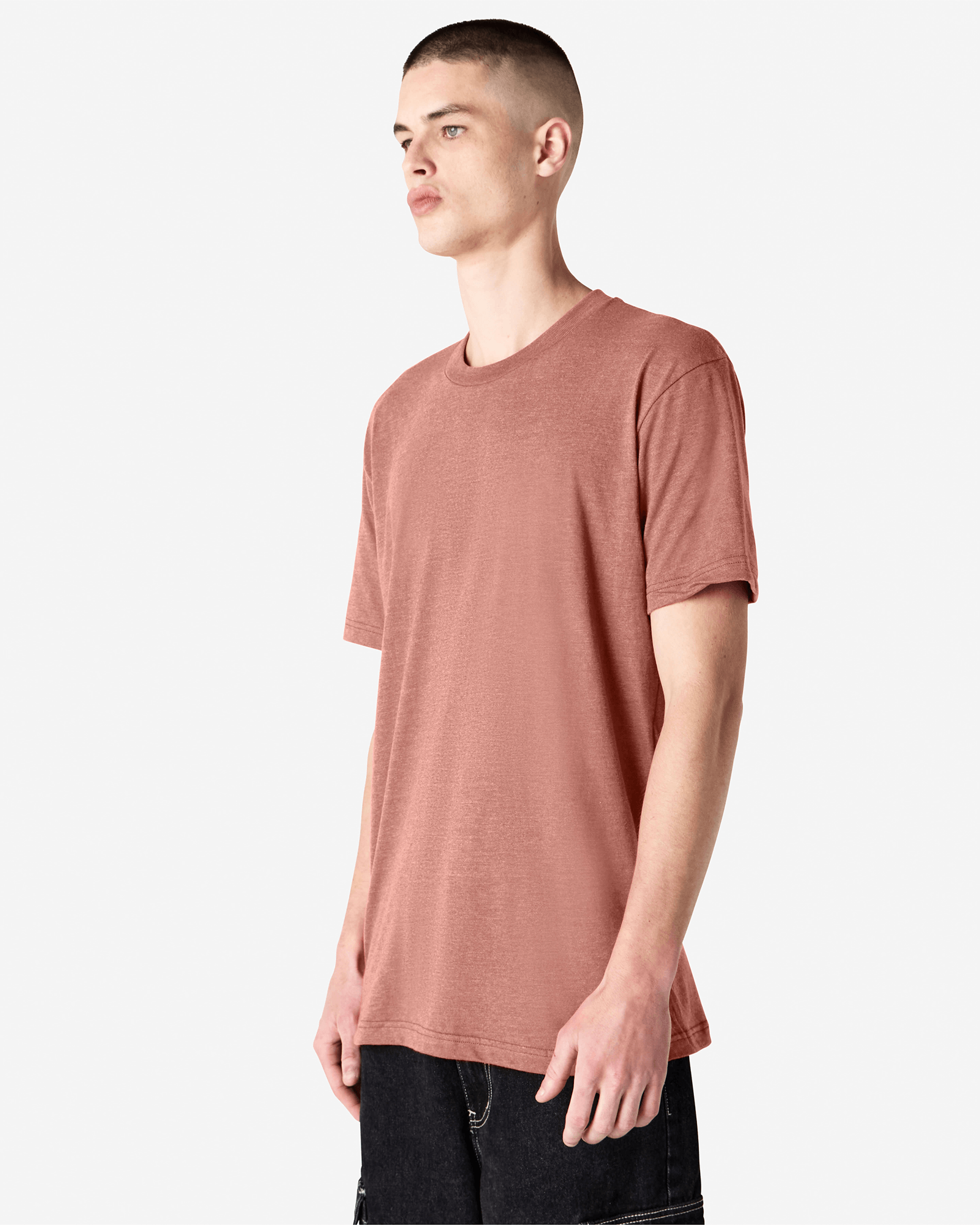 Male model wearing heather canyon colour CVC Unisex Short Sleeve Crew Neck Tee (front pose) -heather canyon