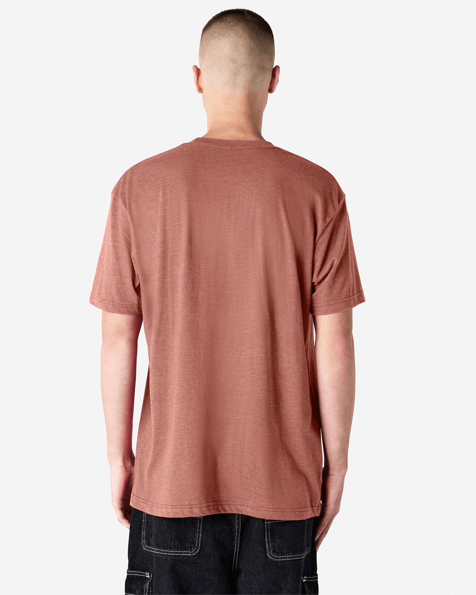 Male model wearing heather canyon colour CVC Unisex Short Sleeve Crew Neck Tee (back pose) -heather canyon