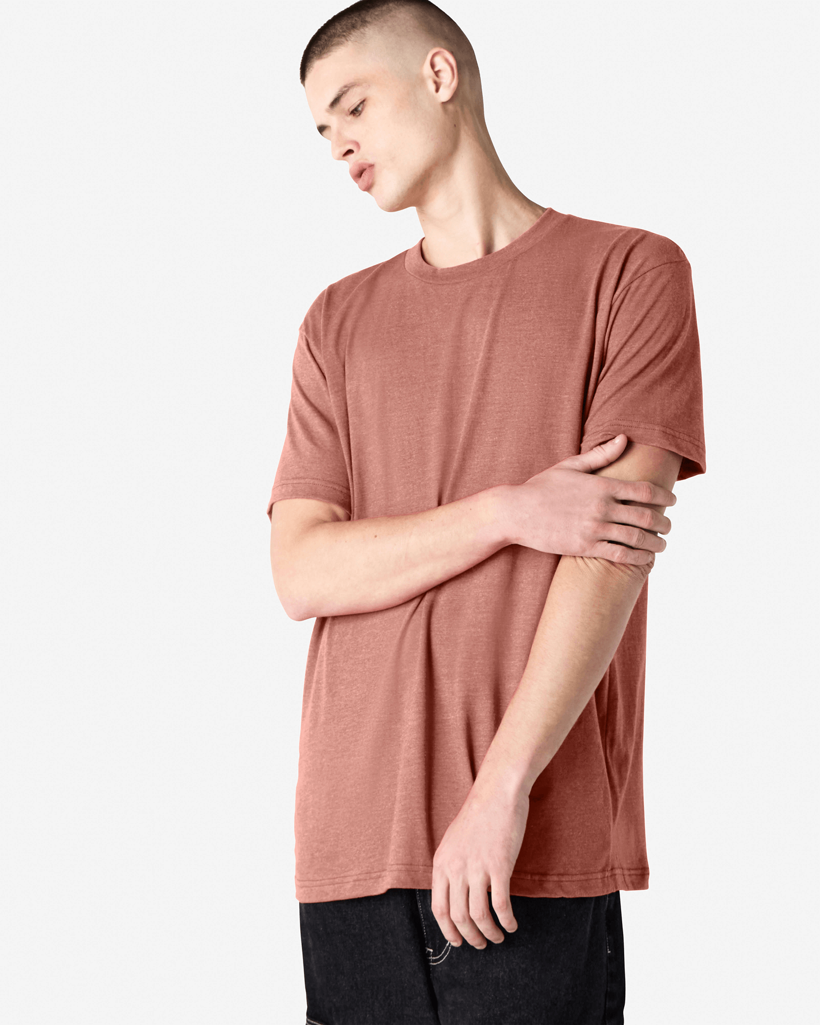 Male model wearing heather canyon colour CVC Unisex Short Sleeve Crew Neck Tee (front pose) -heather canyon