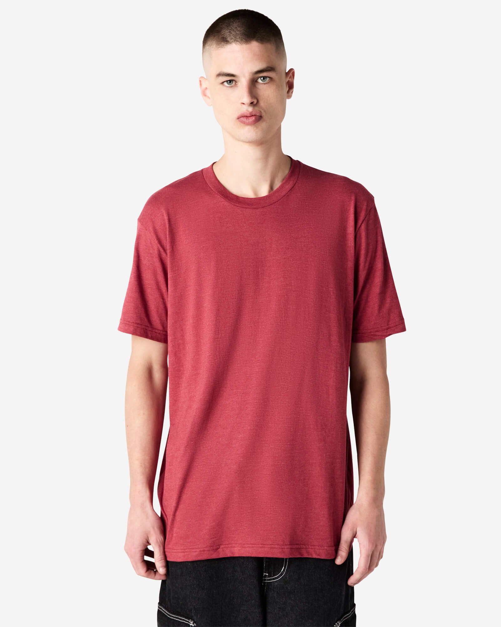 Male model wearing heather Cardinal colour CVC Unisex Short Sleeve Crew Neck Tee (front pose) -heather cardinal