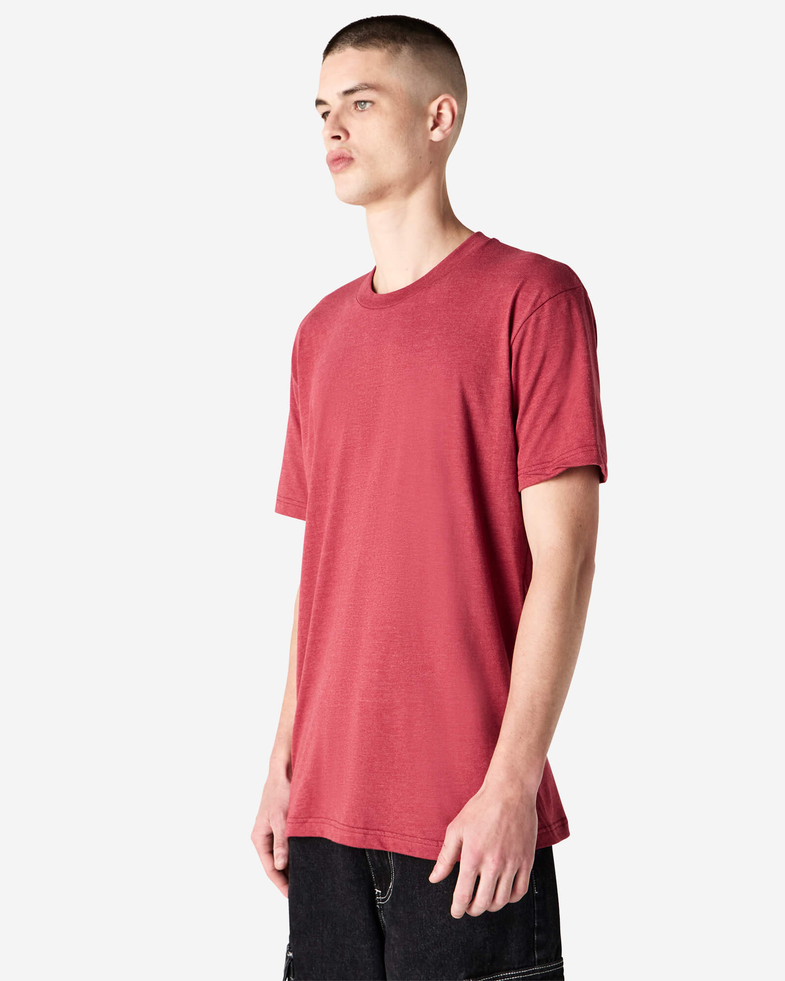 Male model wearing heather Cardinal colour CVC Unisex Short Sleeve Crew Neck Tee (front pose) -heather cardinal