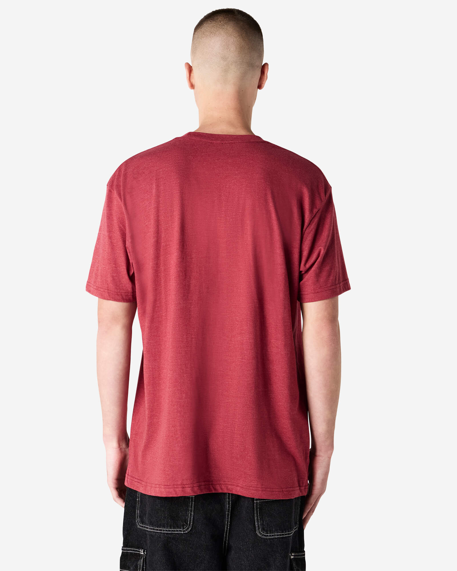 Male model wearing heather Cardinal colour CVC Unisex Short Sleeve Crew Neck Tee (back pose) -heather cardinal