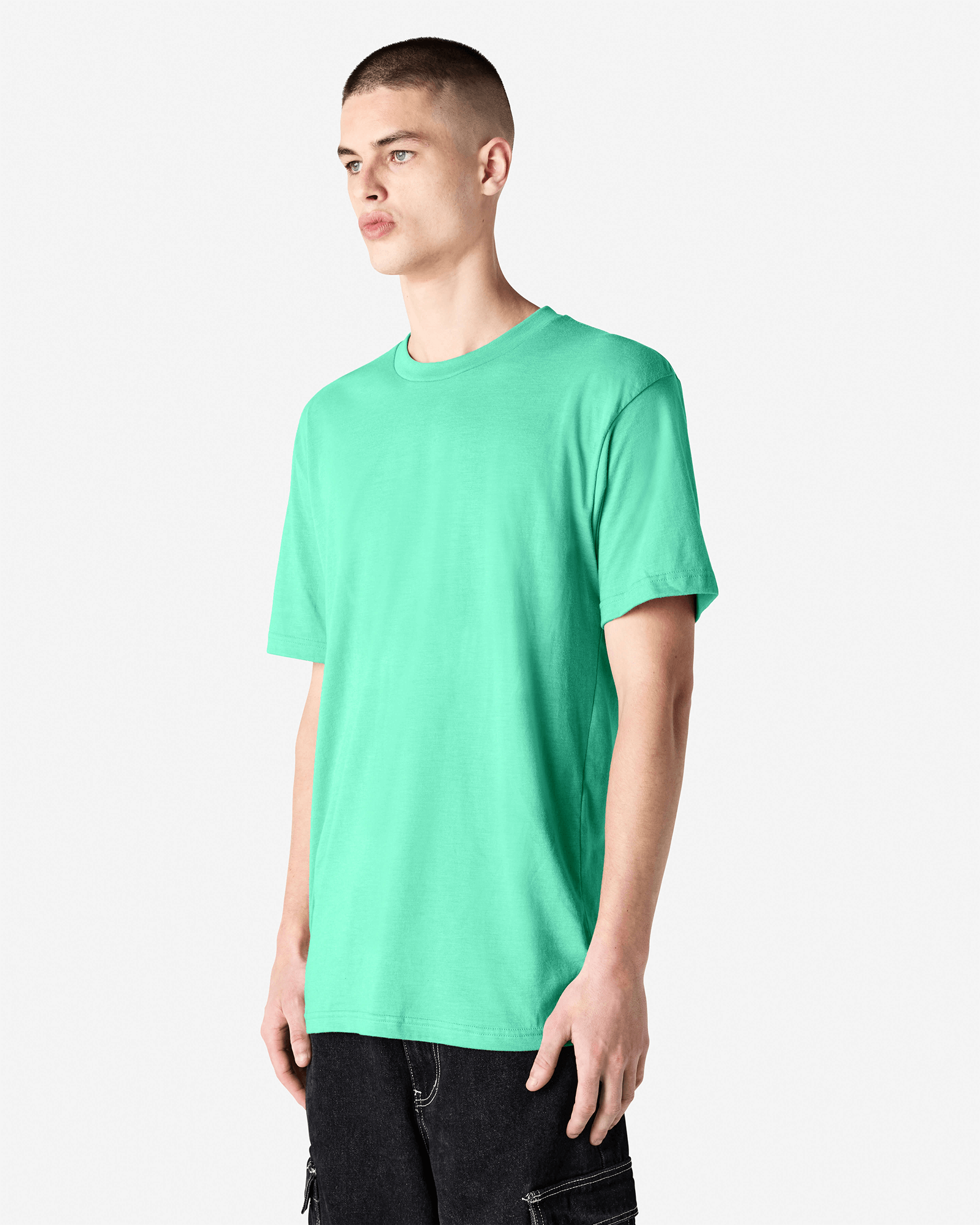 Male model wearing heather Celadon colour CVC Unisex Short Sleeve Crew Neck Tee (front pose) -heather celadon