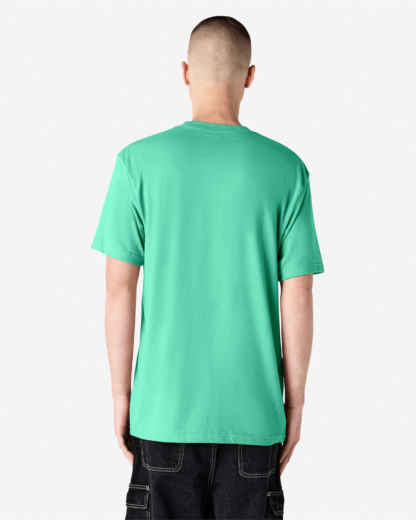 Male model wearing heather celadon colour CVC Unisex Short Sleeve Crew Neck Tee (back pose) -heather celadon