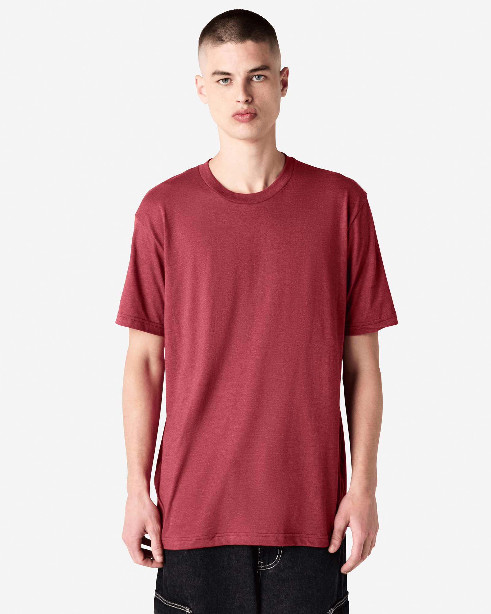 Male model wearing heather cranberry colour CVC Unisex Short Sleeve Crew Neck Tee (front pose) -heather cranberry