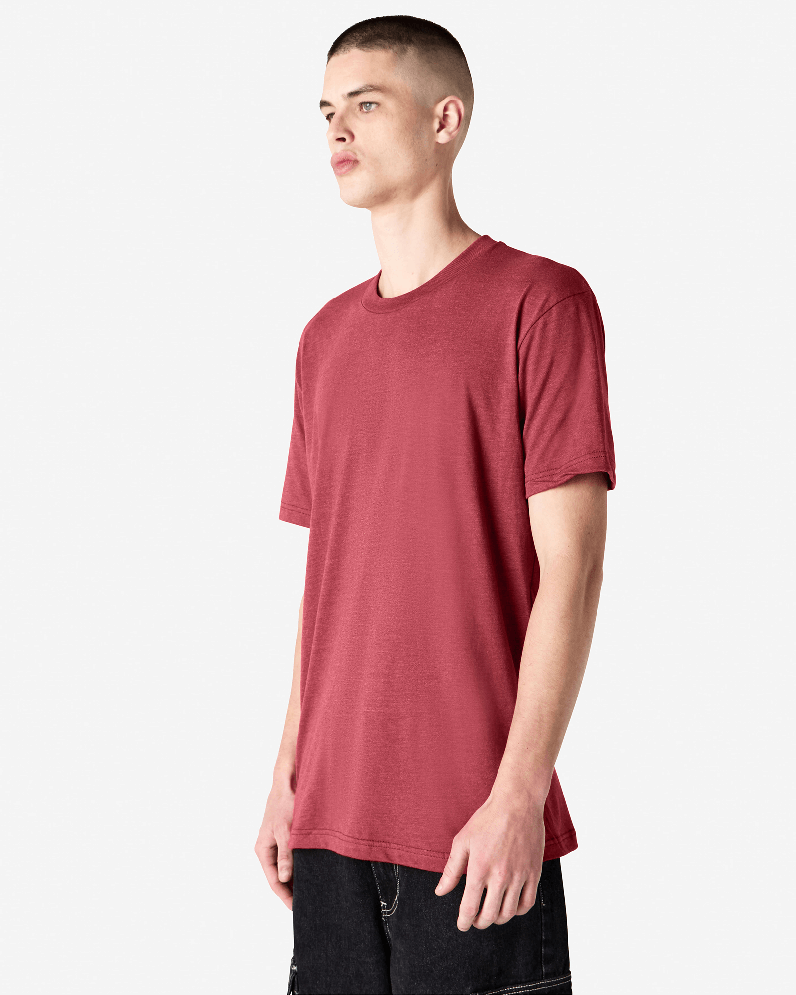 Male model wearing heather cranberry colour CVC Unisex Short Sleeve Crew Neck Tee (front pose) -heather cranberry