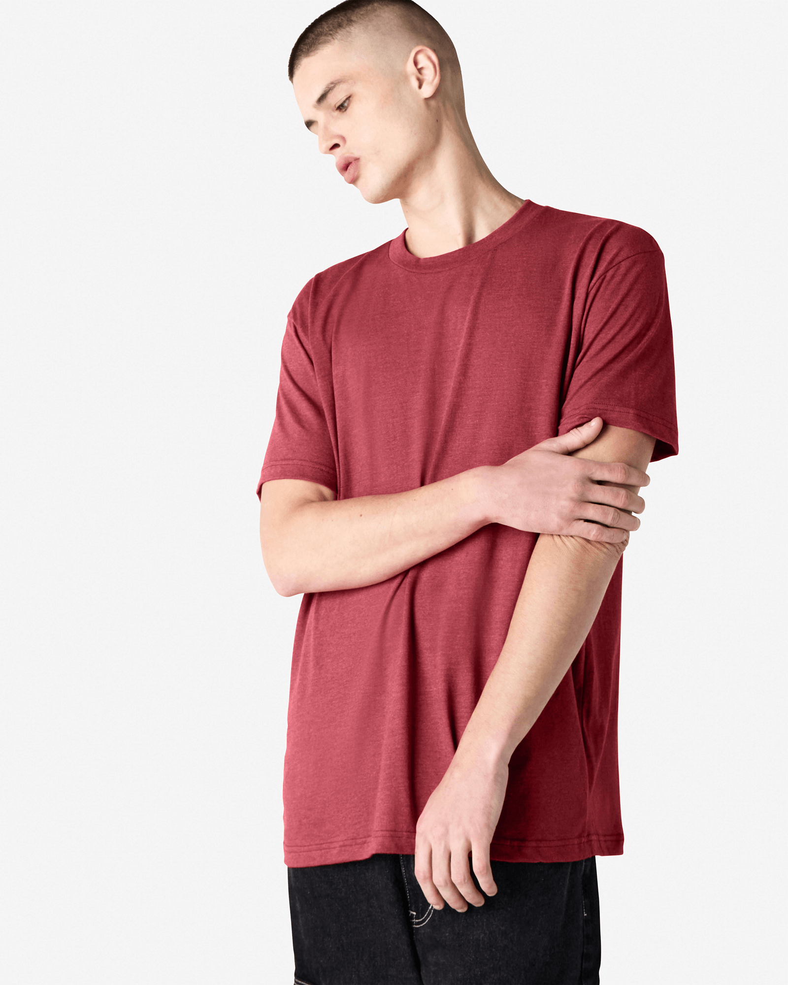 Male model wearing heather cranberry colour CVC Unisex Short Sleeve Crew Neck Tee (front pose) -heather cranberry