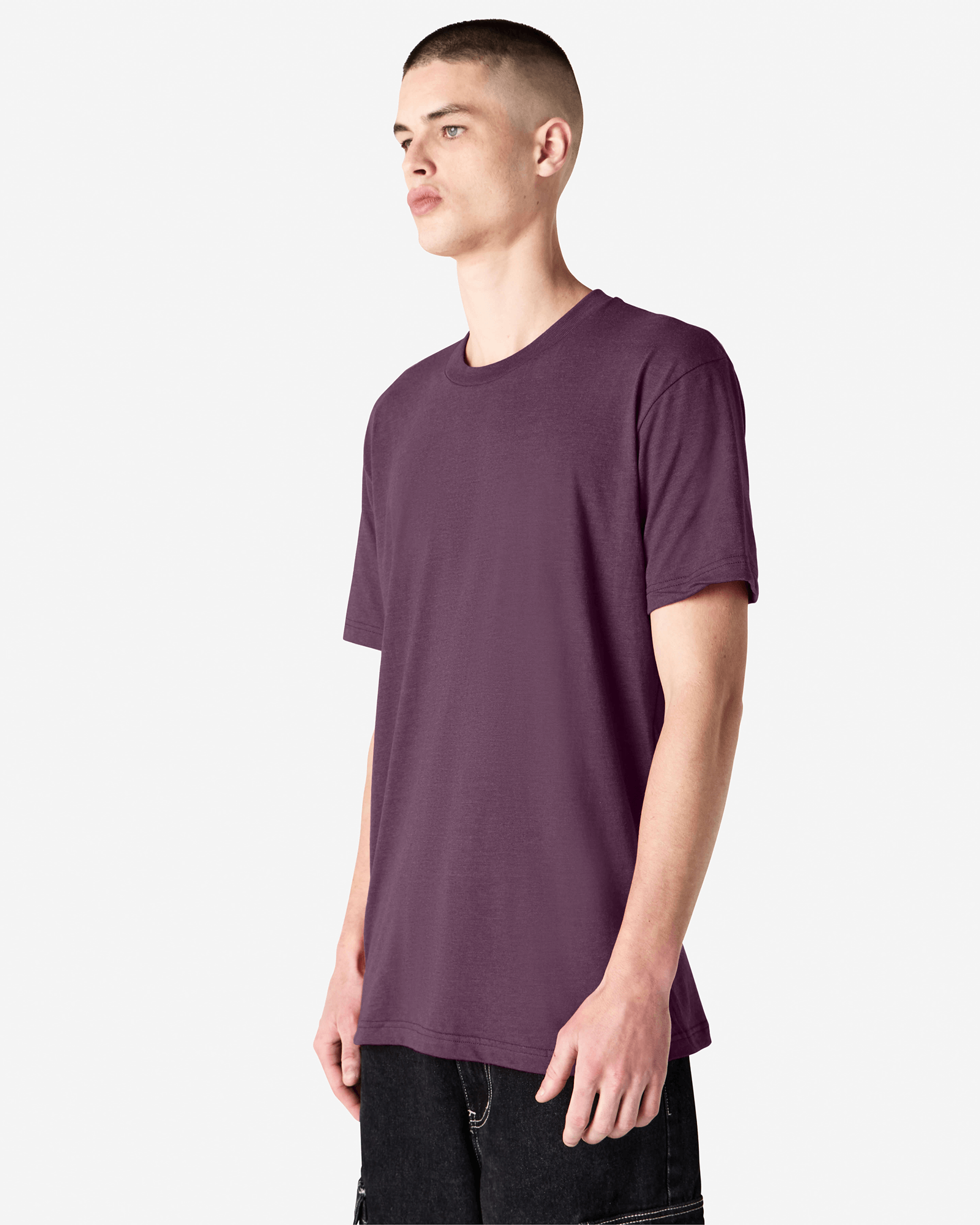 Male model wearing heather eggplant colour CVC Unisex Short Sleeve Crew Neck Tee (front pose) -heather eggplant