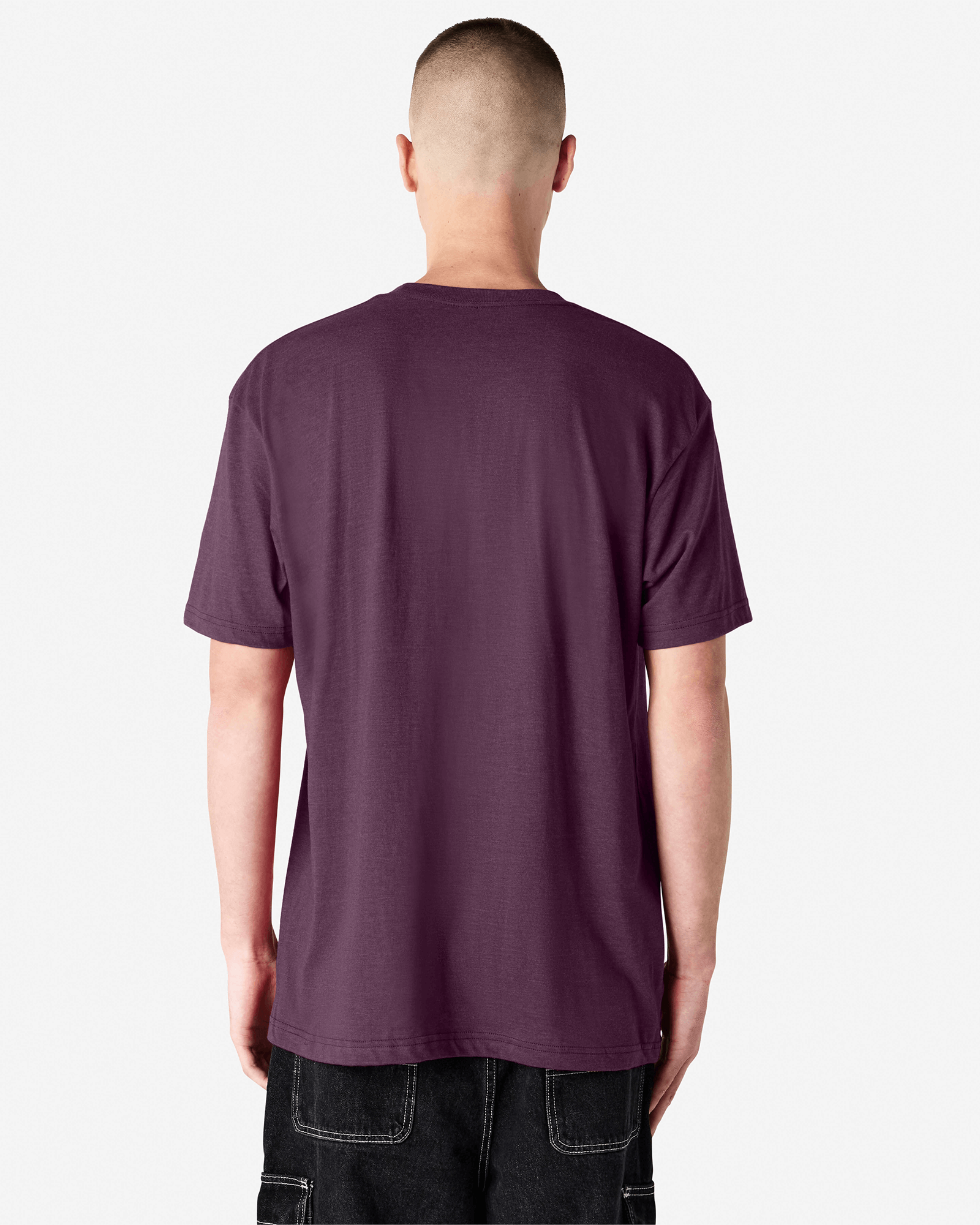 Male model wearing heather eggplant colour CVC Unisex Short Sleeve Crew Neck Tee (back pose) -heather eggplant