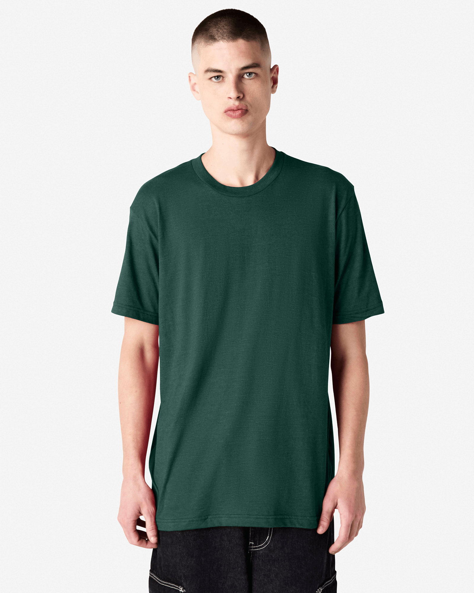 Male model wearing heather forest colour CVC Unisex Short Sleeve Crew Neck Tee (front pose) -heather forest