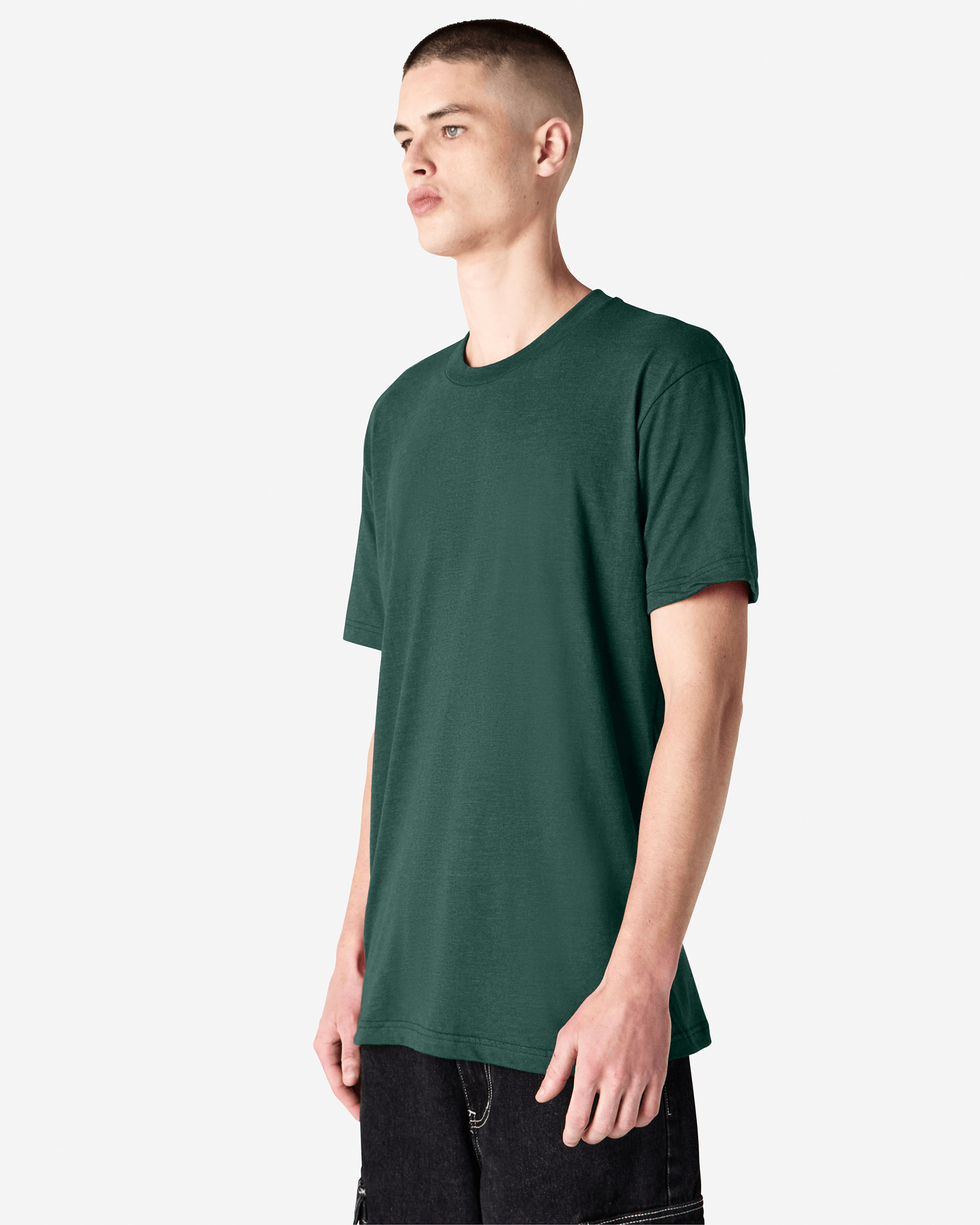 Male model wearing heather forest colour CVC Unisex Short Sleeve Crew Neck Tee (front pose) -heather forest