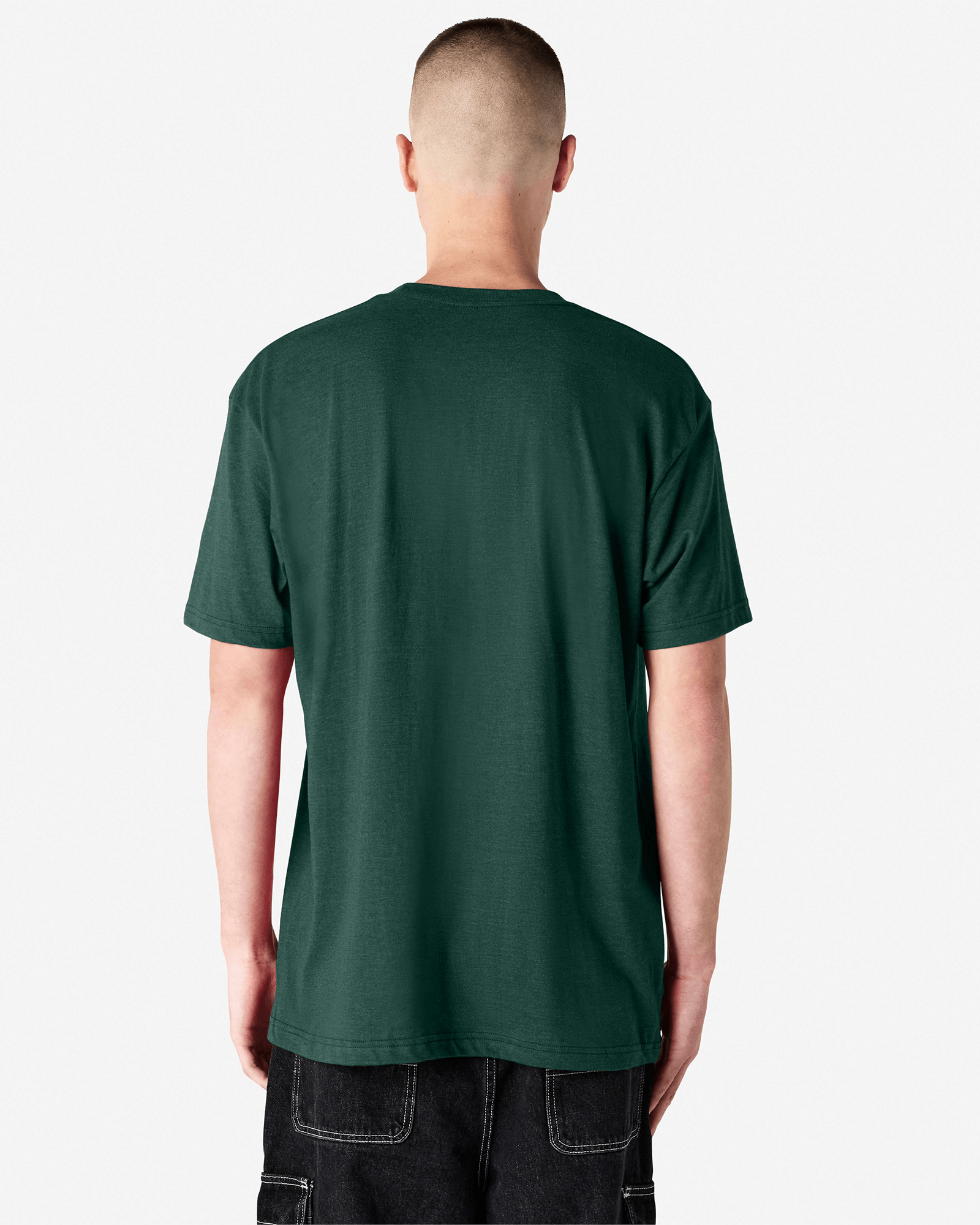 Male model wearing heather forest colour CVC Unisex Short Sleeve Crew Neck Tee (back pose) -heather forest