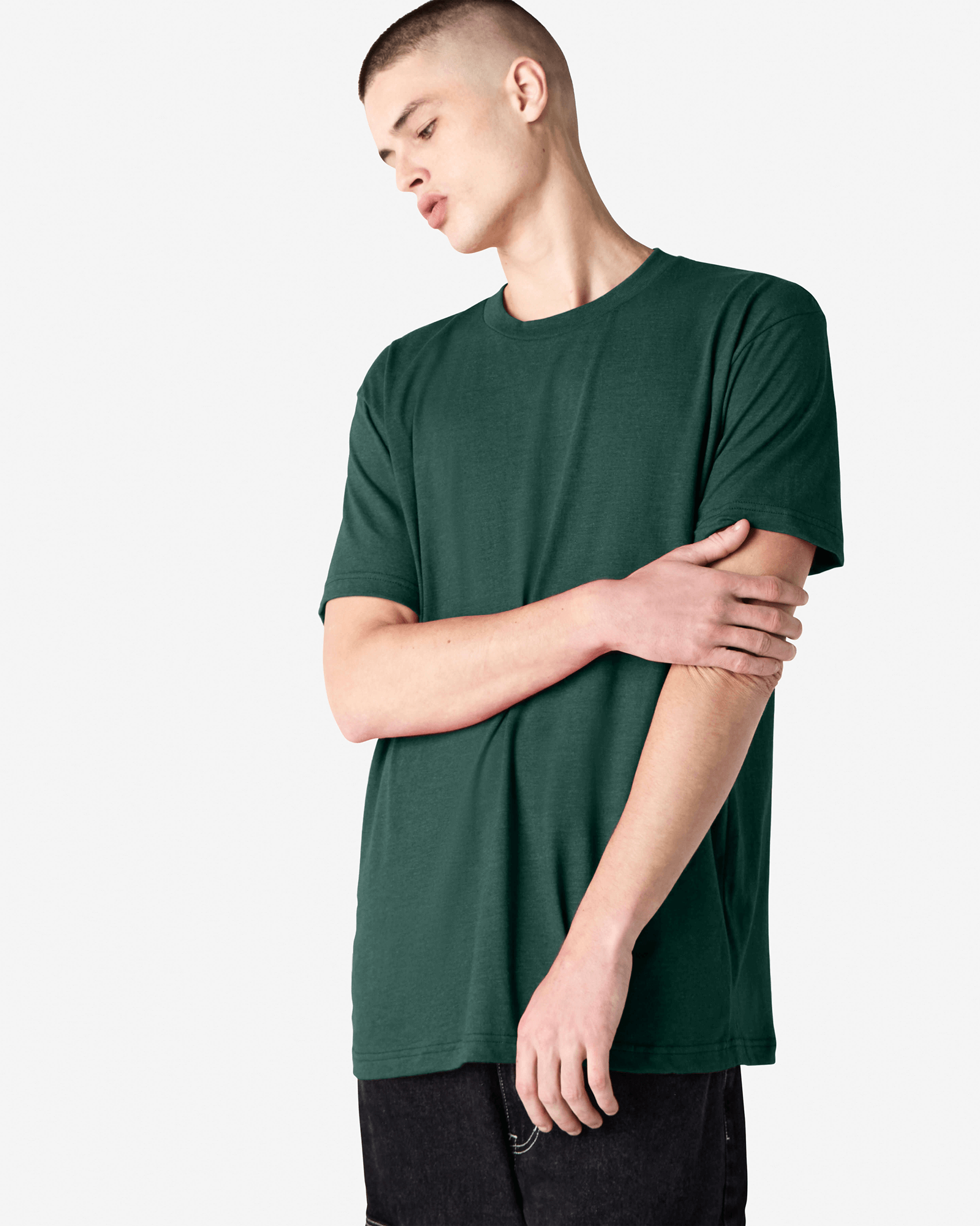 Male model wearing heather forest colour CVC Unisex Short Sleeve Crew Neck Tee (front pose) -heather forest