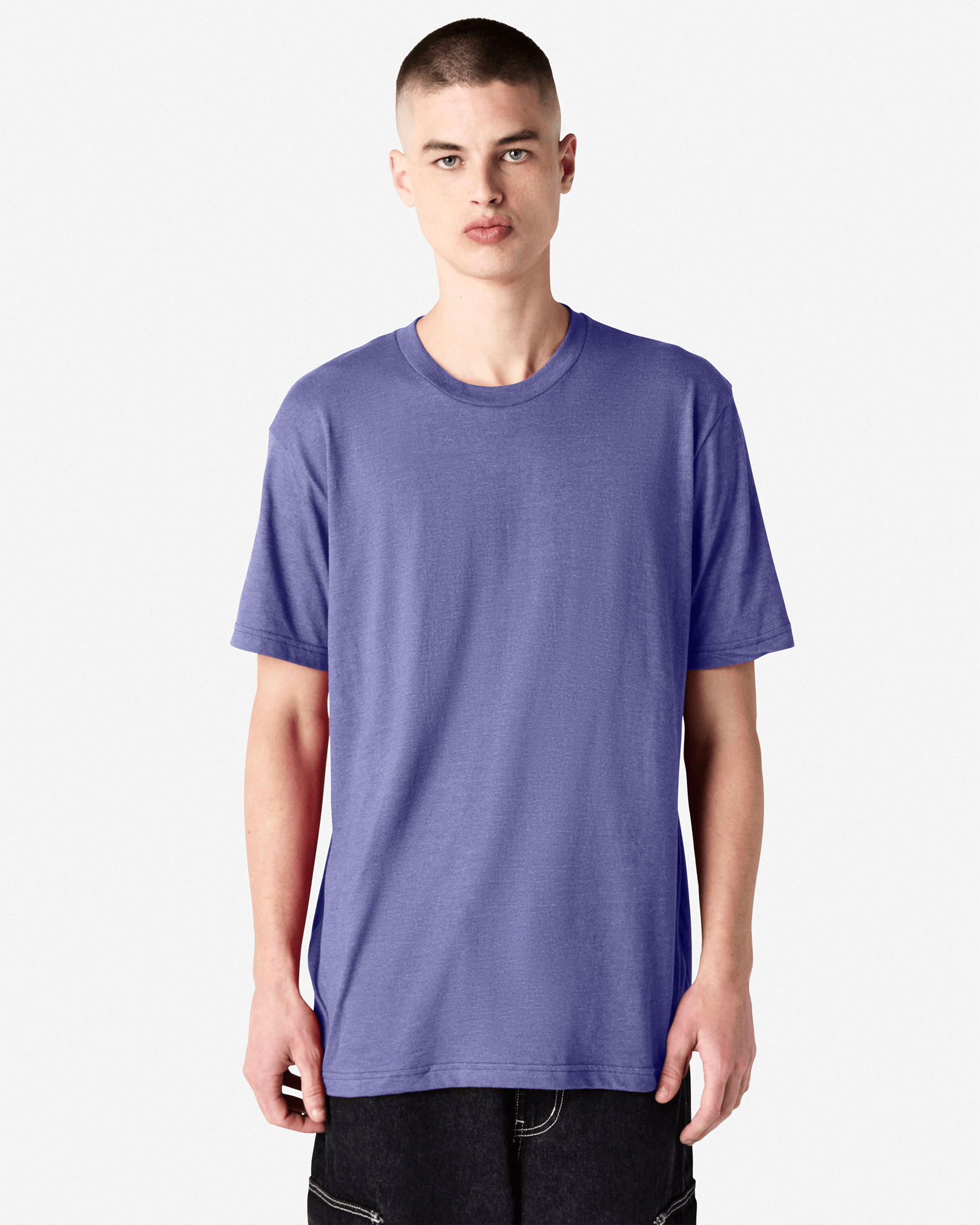 Male model wearing heather grape colour CVC Unisex Short Sleeve Crew Neck Tee (front pose) -heather grape