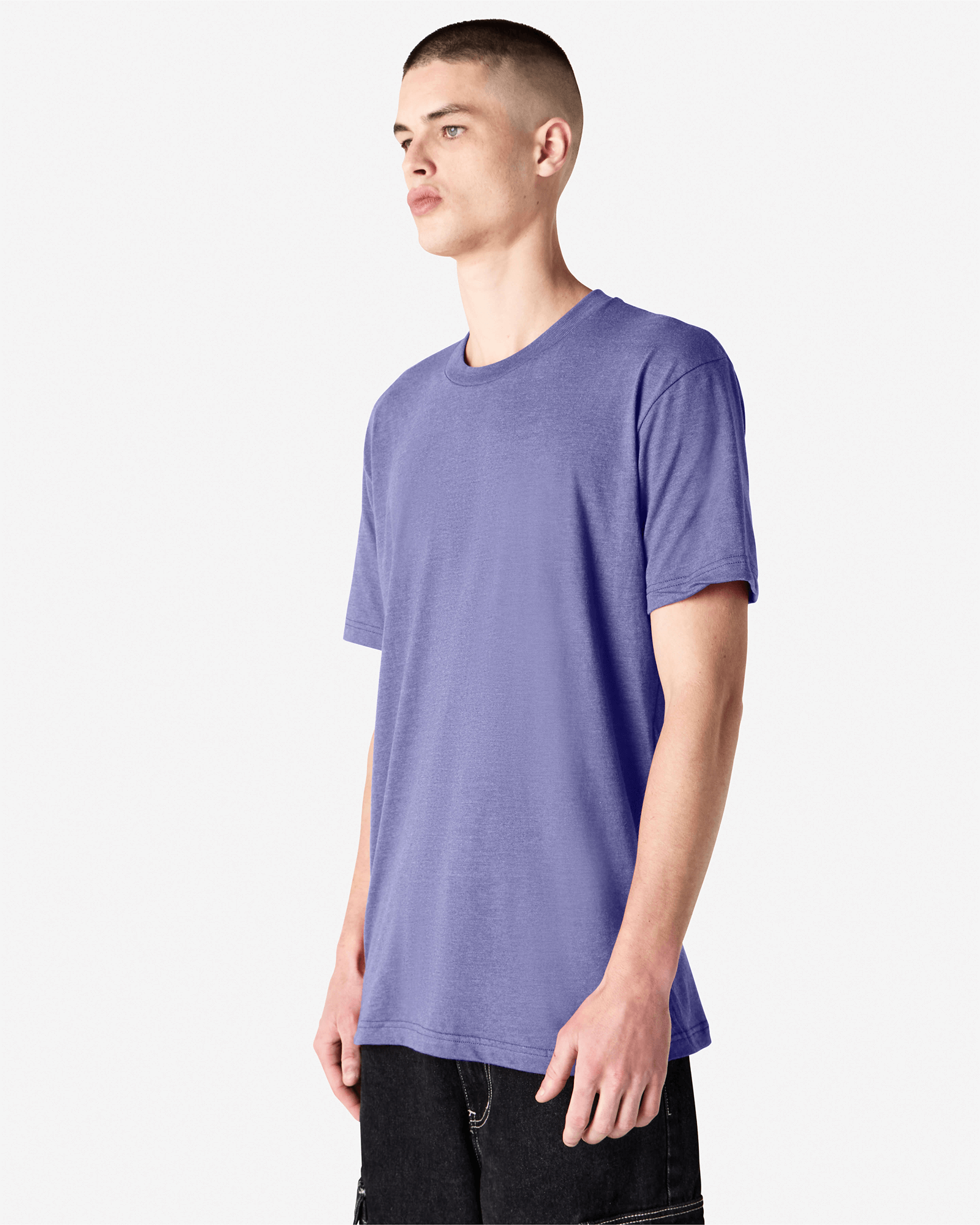 Male model wearing heather grape colour CVC Unisex Short Sleeve Crew Neck Tee (front pose) -heather grape