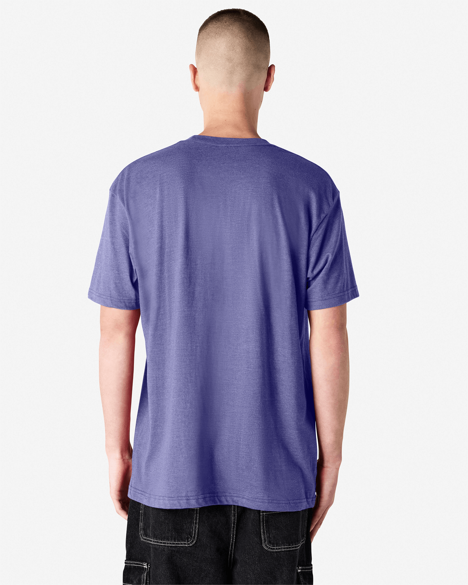 Male model wearing heather grape colour CVC Unisex Short Sleeve Crew Neck Tee (back pose) -heather grape