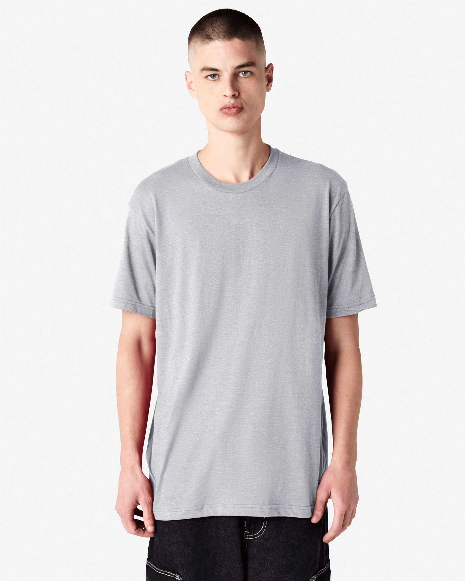 Male model wearing heather grey colour CVC Unisex Short Sleeve Crew Neck Tee (front pose) -heather grey