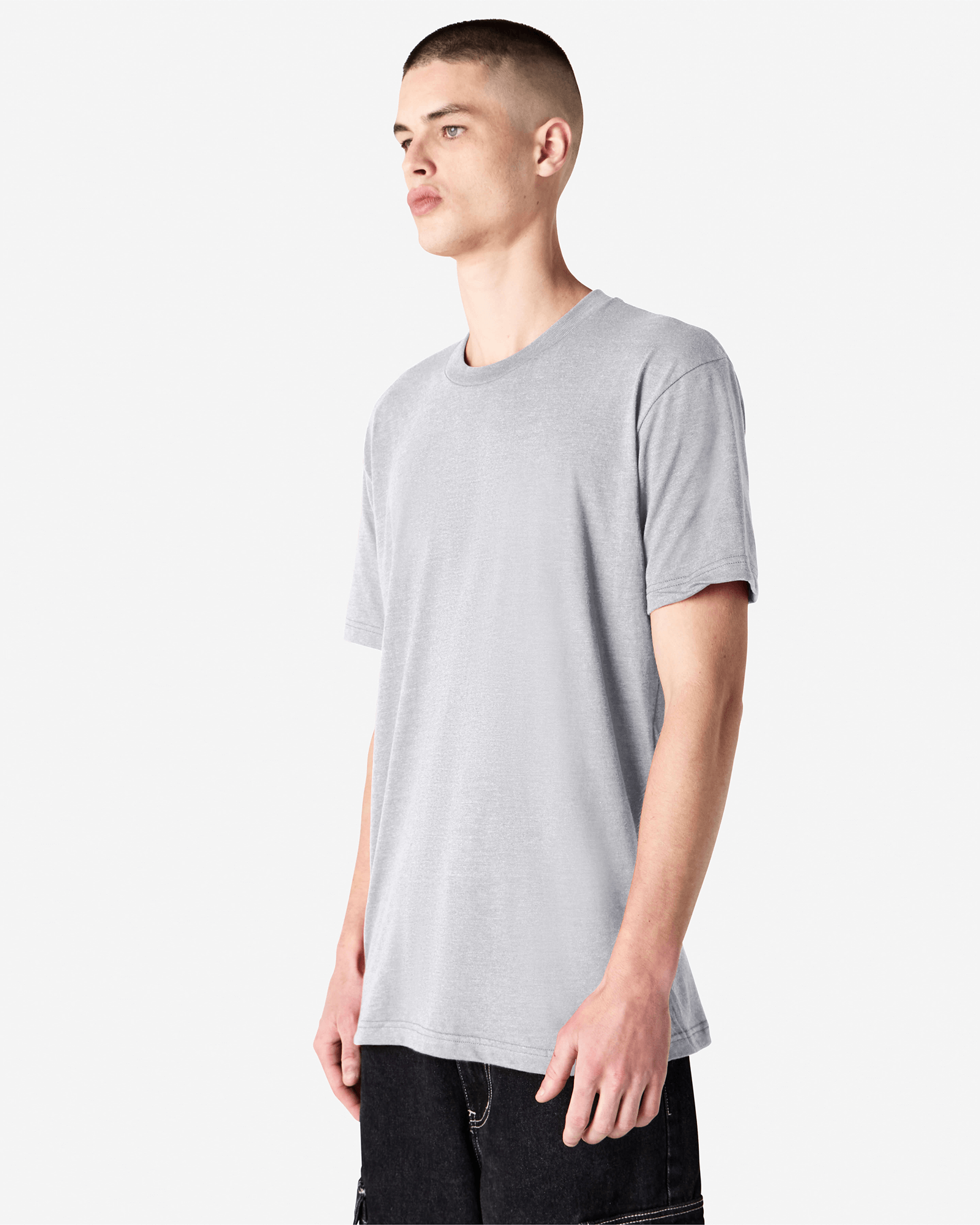 Male model wearing heather grey colour CVC Unisex Short Sleeve Crew Neck Tee (side pose) -heather grey