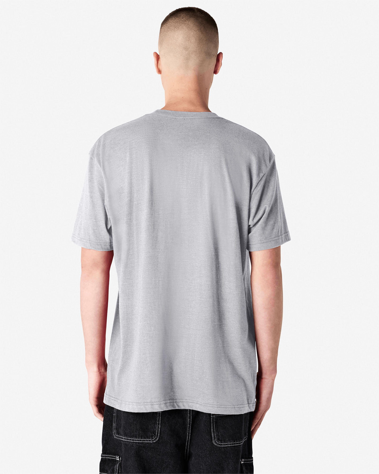 Male model wearing heather grey colour CVC Unisex Short Sleeve Crew Neck Tee (back pose) -heather grey